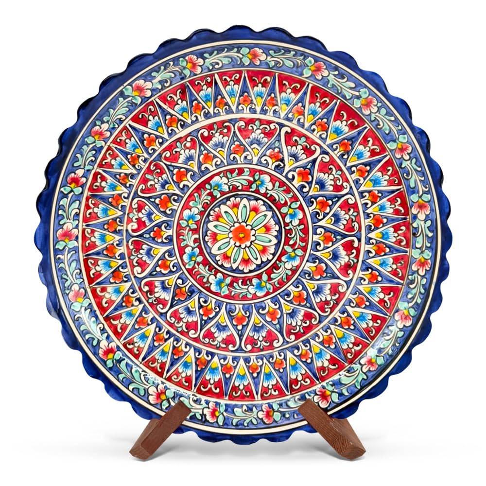 Orientalischer Lagan 37 cm Teller KaraKalam Ляган - Handgefertigte Rischtan Keramik Platte – Usbekische Servierplatte handbemalt – Edles Design für Plov & Beilagen