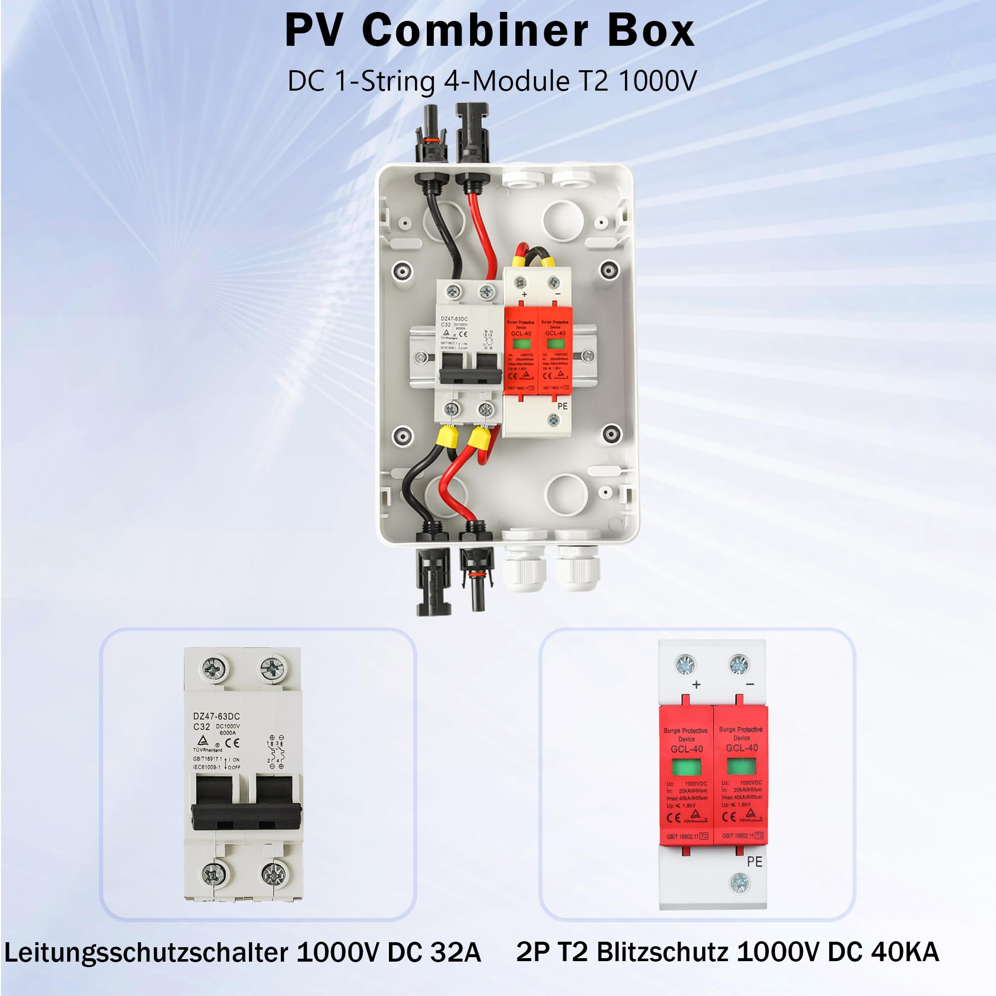 Warmfay Überspannungsschutz PV Solar Trennschalter Blitzschutz DC Leitungsschutzschalter 1000V DC 32A, PV Anschlusskasten 1 String 4 Module(1 In 1 Out) für PV Anlage Photovoltaik IP65 Wasserdichtes