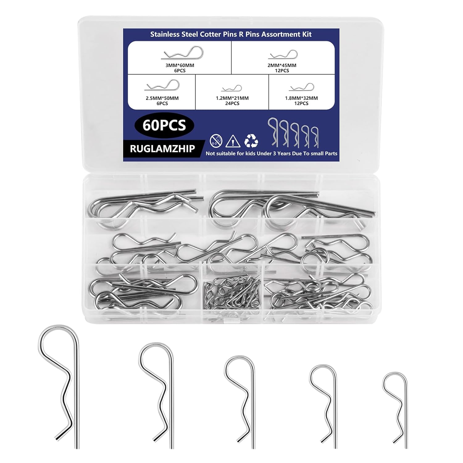 60 Pcs Cotter Pins Assortment Kit, 5 Sizes Cotter Pin Assortment Kit, Heavy Duty R Clips Hardware Pins Including R Cotter Pins and Hairpin Pins Fastener Set for Hitch Pin Lock Systems