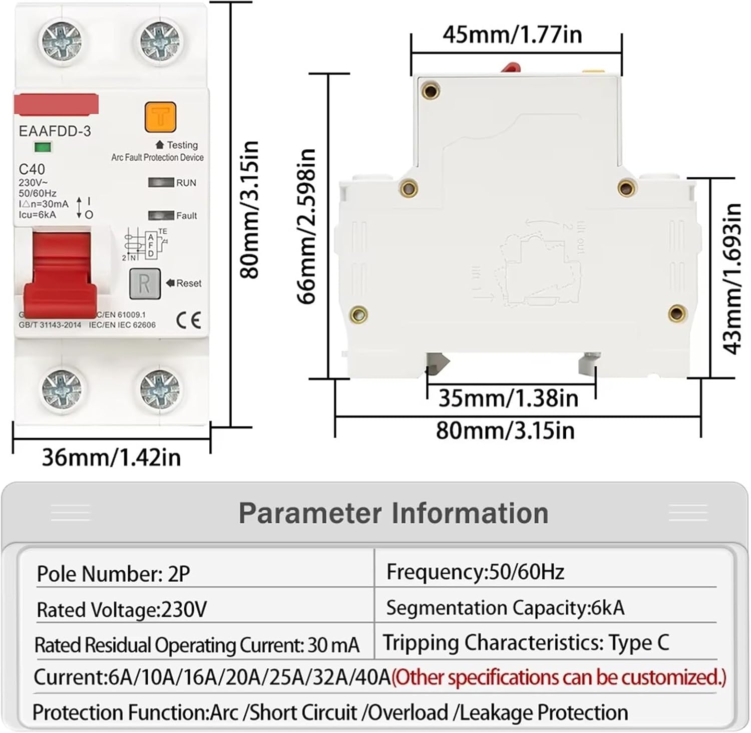 2P AC230V AFCI Arc Fault Protector Device RCBO MCB Circuit Breaker Interrupted Overload Earth Leakage Short Circuit Protection