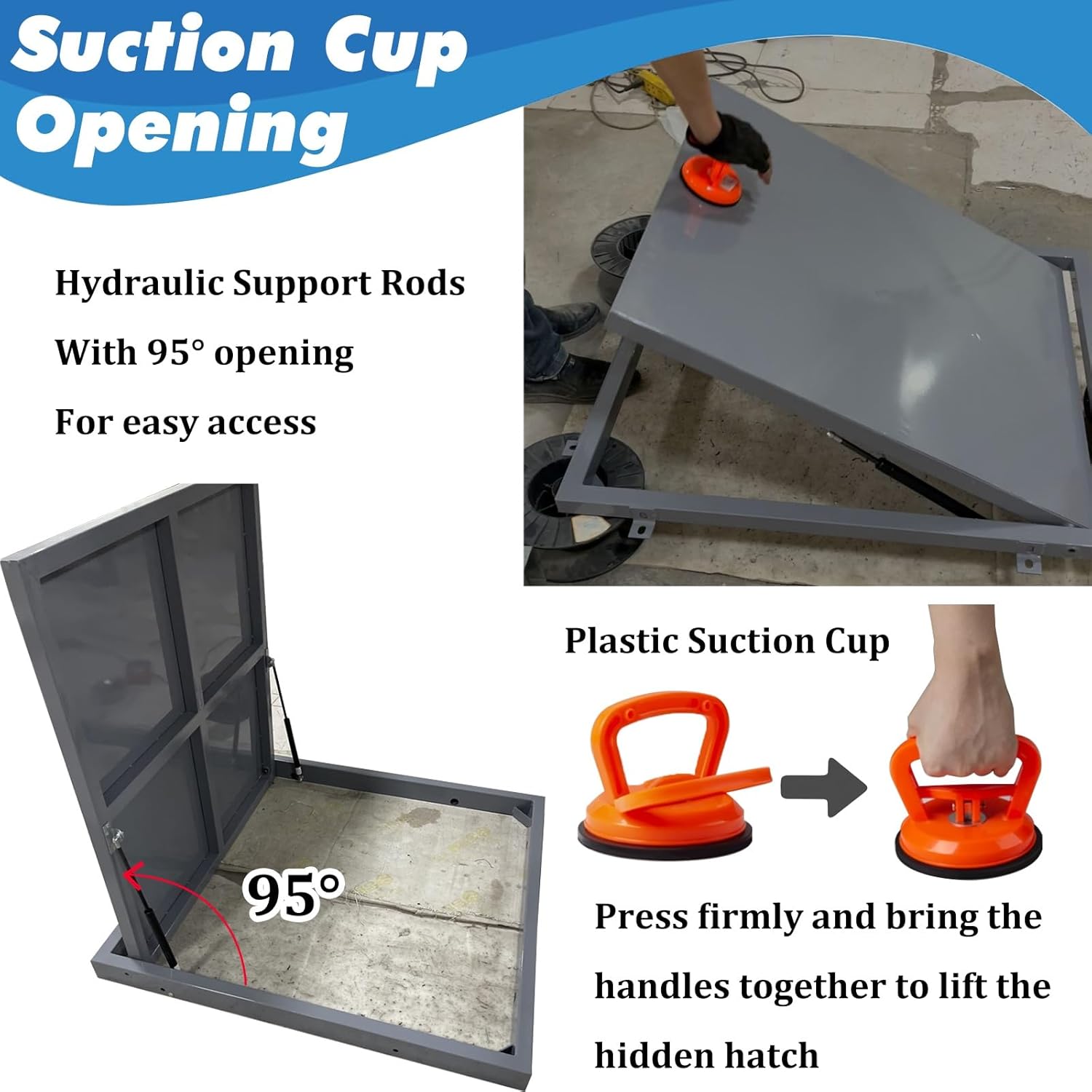 Heavy Duty Flush Floor Hatch - Removable Maintenance Storage Cover with Suction Cup Opener & Inner Handle for Crawl Space Access