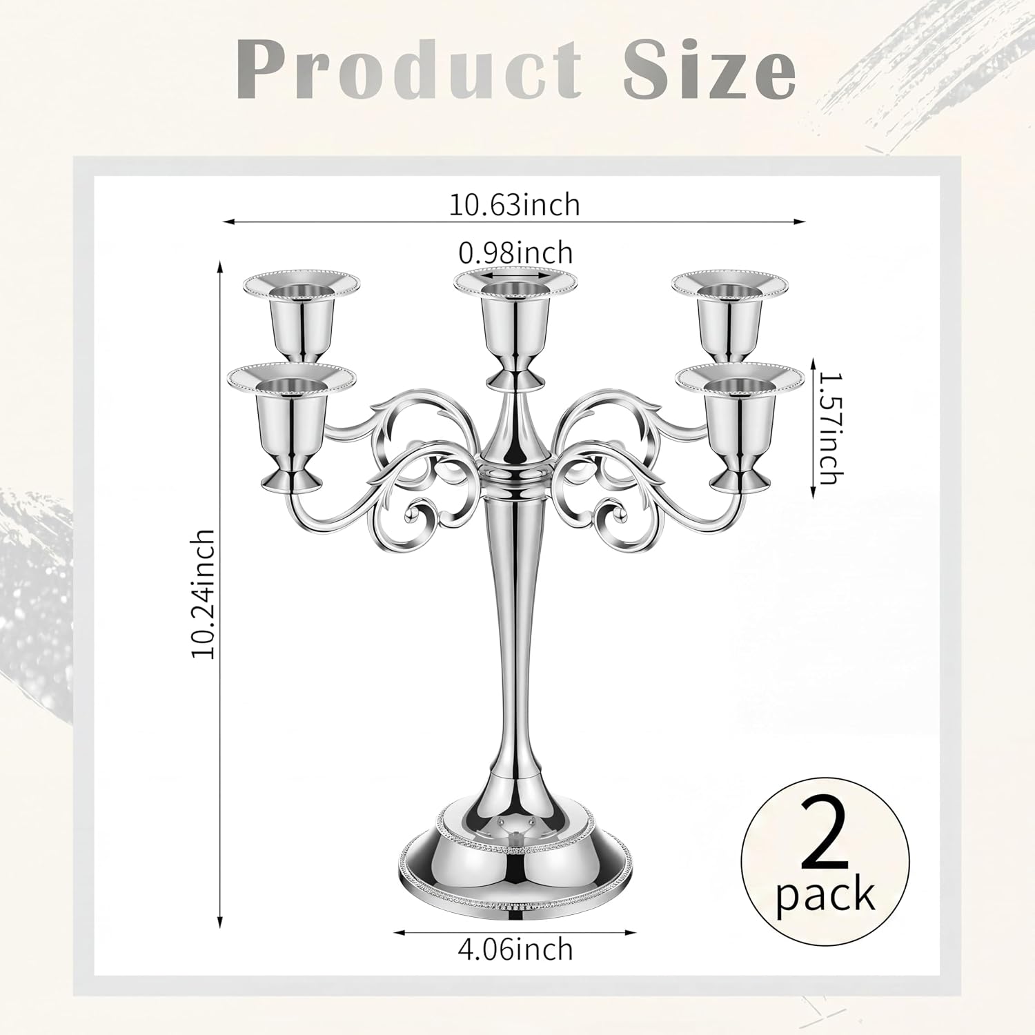 Dandat 2 Pcs 5 Arm Metal Candelabra Candlestick Holders 10.24 Inch Tall Candlestick Holders Gothic Candle Holder for Home Wedding Church Halloween Party (Silver)