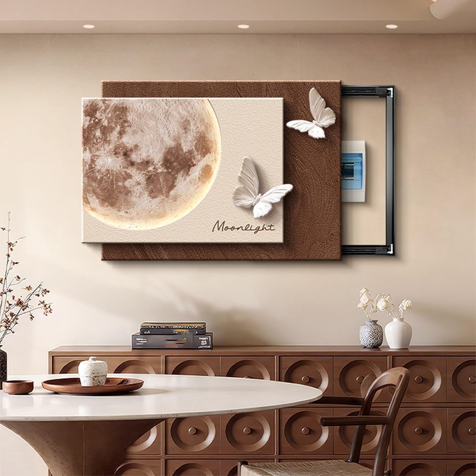 Horizontal Sliding Decorative Painting for Electric Meter Box, 3D Moon & Butterfly Relief Wall Art, Warm Brown Wabi-Sabi Sandstone Texture Hidden Storage Cover for Dining Room(Brown A,22.4*15.8in)