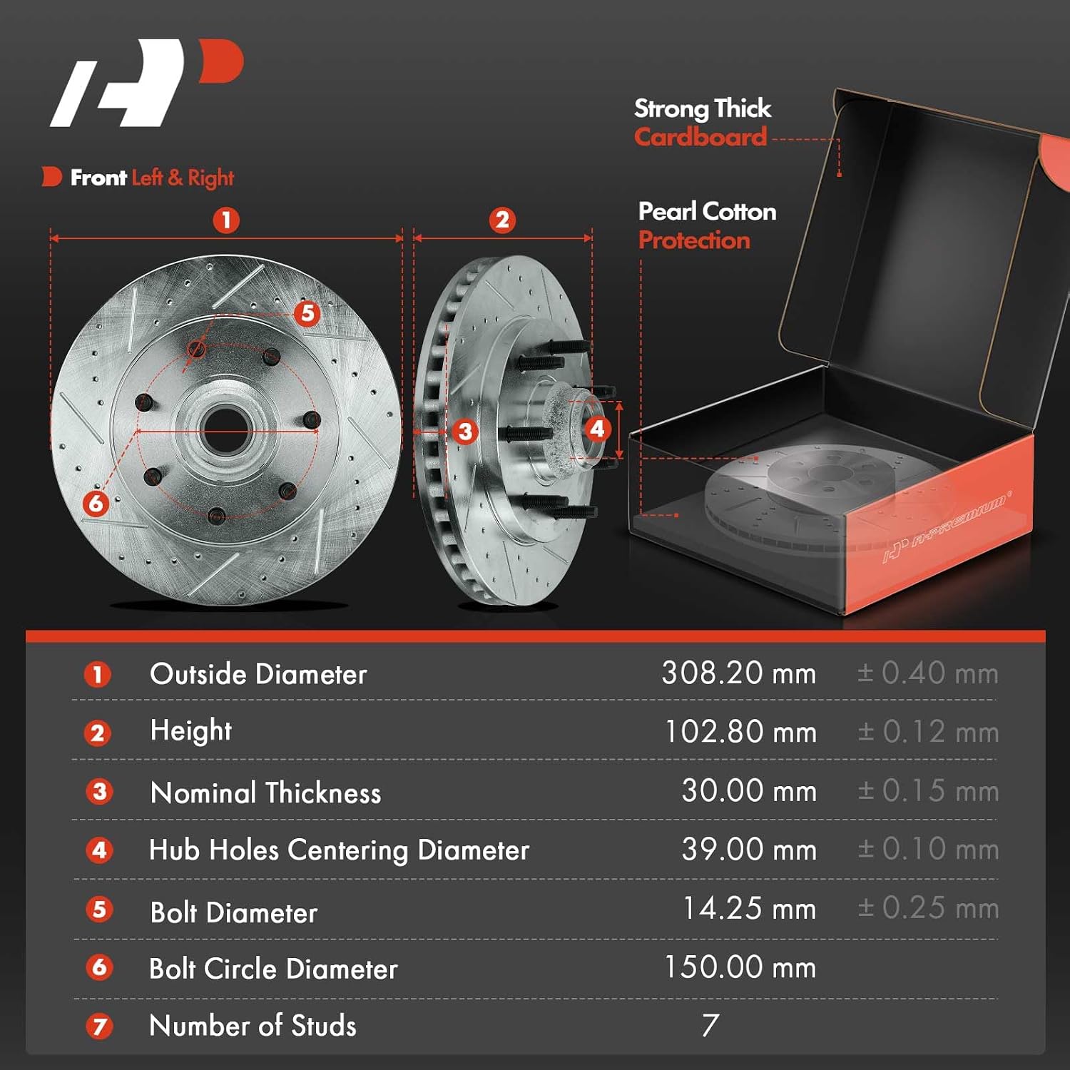 A-Premium 12.13 in (308.2 mm) Front Drilled and Slotted Disc Brake Rotors + Ceramic Pads Kit Compatible with Select Ford Models - F-150 2000-2003, F-150 Heritage 2004-2004, F-250 1997-1999, 6-PC Set