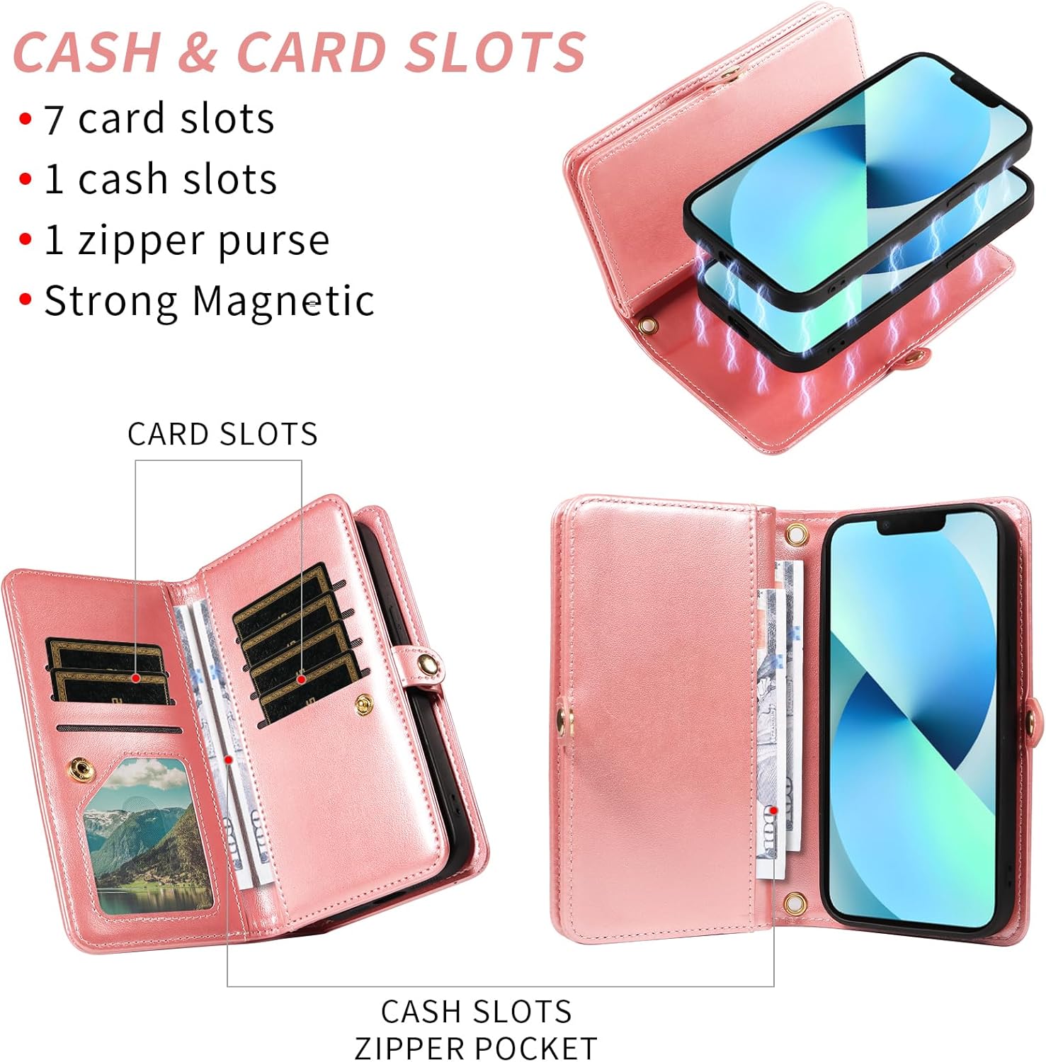 Asuwish Phone Case for iPhone 13 Mini 5.4 inch Zipper Wallet Cell Cover with Tempered Glass Screen Protector Strap Flower Card Holder iPhone13mini i-Phone 13minicase i iPhone13 13mini Women Rose Gold