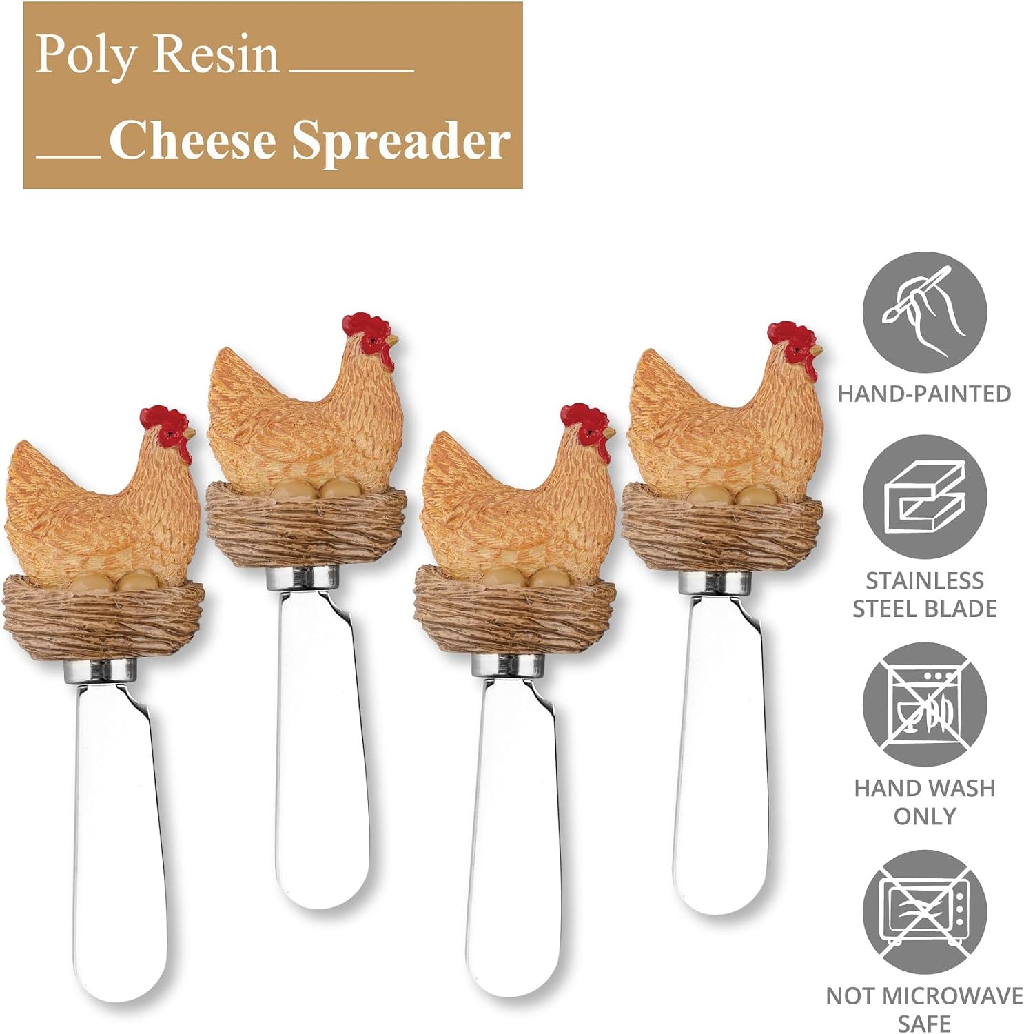 Supreme Housewares Hen Cheese Spreaders, Hand-Painted Resin Handles with Stainless Steel Blades for Spreading Cream Cheese, Butter, Jam, or Sandwich, Set of 4