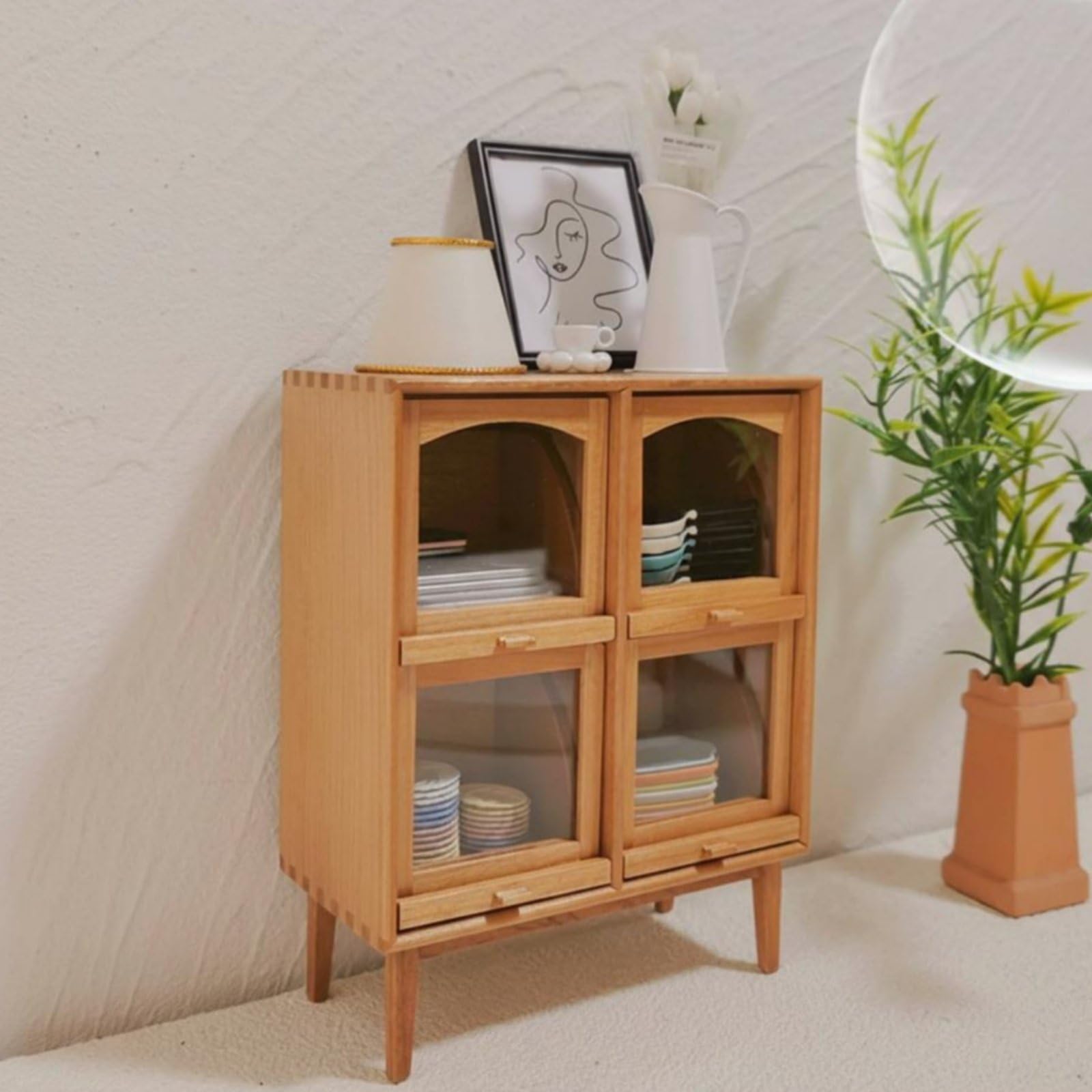 Colcolo Mini Credenza in Miniatura Armadio Vetrina Scaffale in Legno con Struttura Artigianale E Vetro Scorrevole Stile Minimal Rustico Adatta a Collezionisti, Tradizionale, Rustico-B