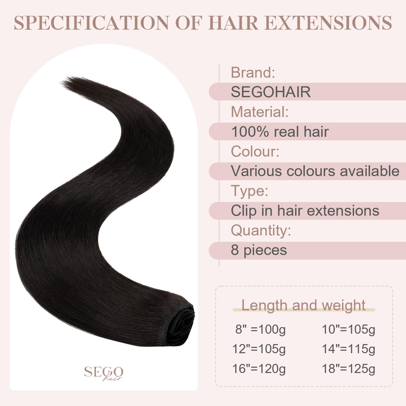 SEGOHAIR 8 PCS Clip in Real Human Hair Extensions, 14 inch Thin Full Head, Straight, Natural Black (60g) - Image 4