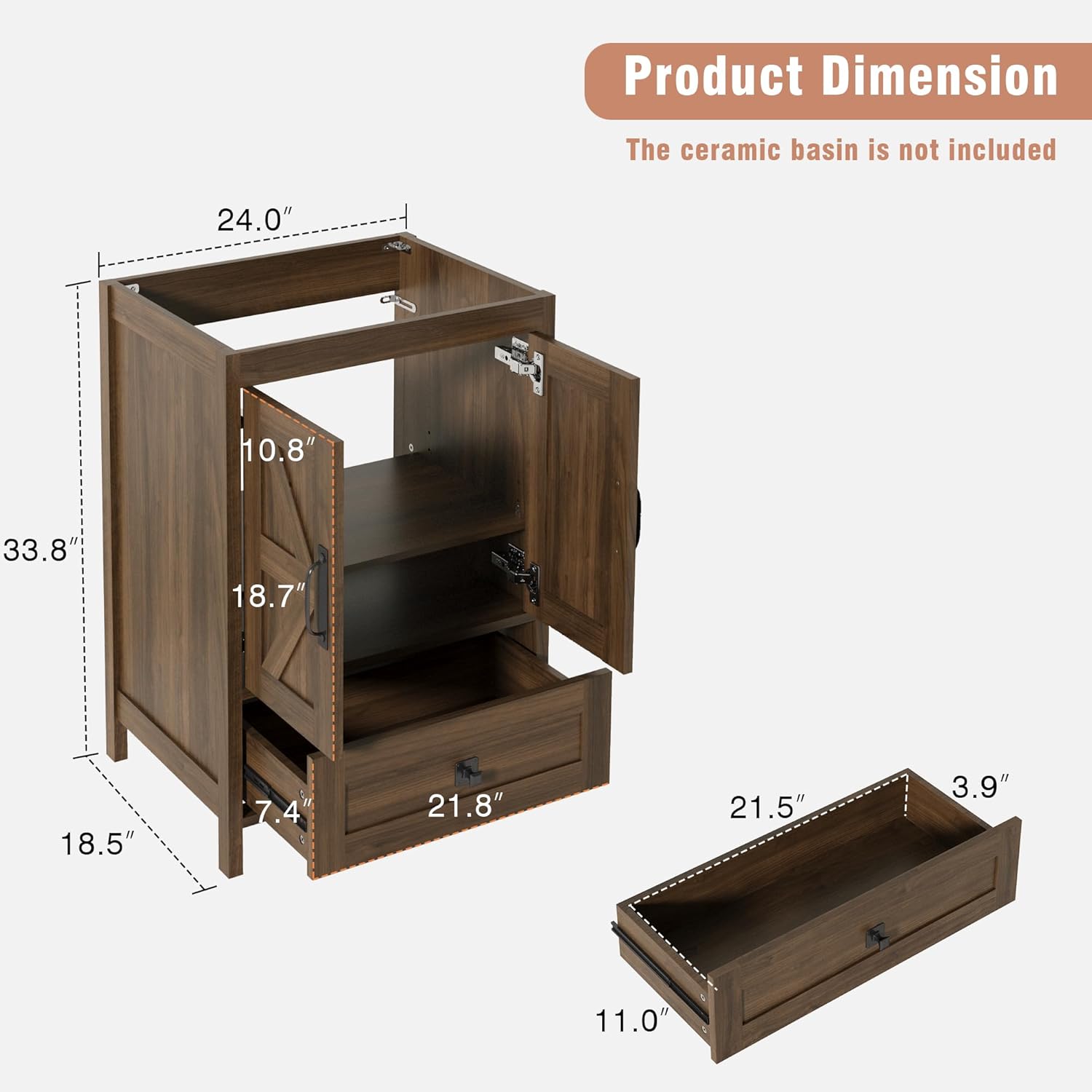 24" Farmhouse Bathroom Vanity Without Sink, Freestanding Vanity for Bathrooms (Brown, 24")