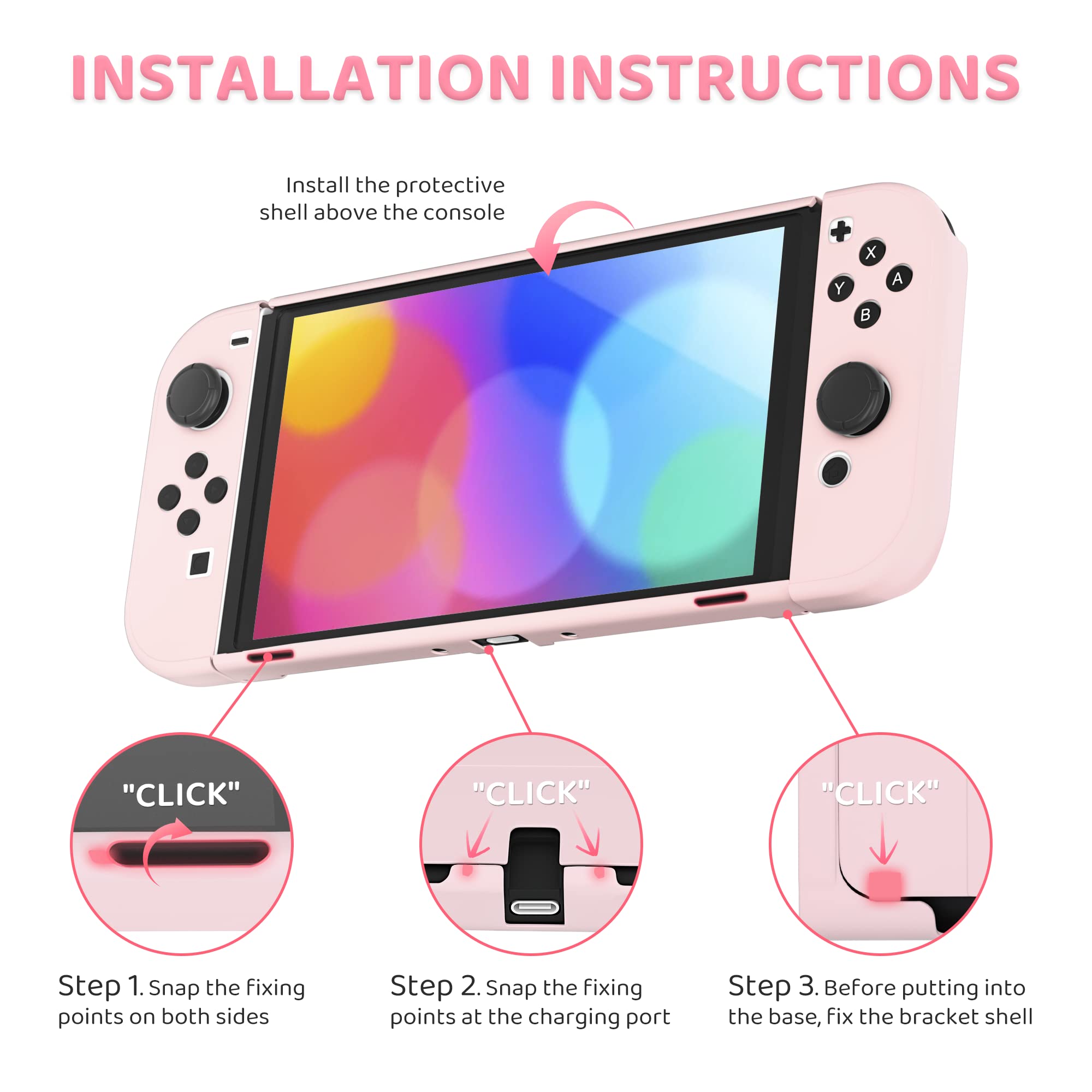 FANPL Custodia per Nintendo Switch OLED, custodia per interruttore OLED e controller Joy Con con custodia protettiva rigida e protezione schermo, 4 impugnature per pollice, tracolla (rosa)