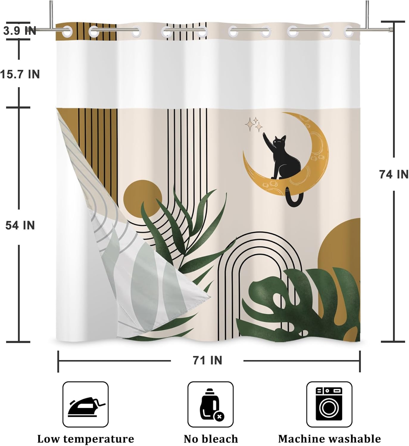 Baocicco No Hook Bohemian Cat Shower Curtain Cat Catch Star Double Layer Bathtubs Hotel Curtain Set Boho Style Modern Fashion Double Layers Waterproof Fabric with See Through Top Window 71x74 Inch