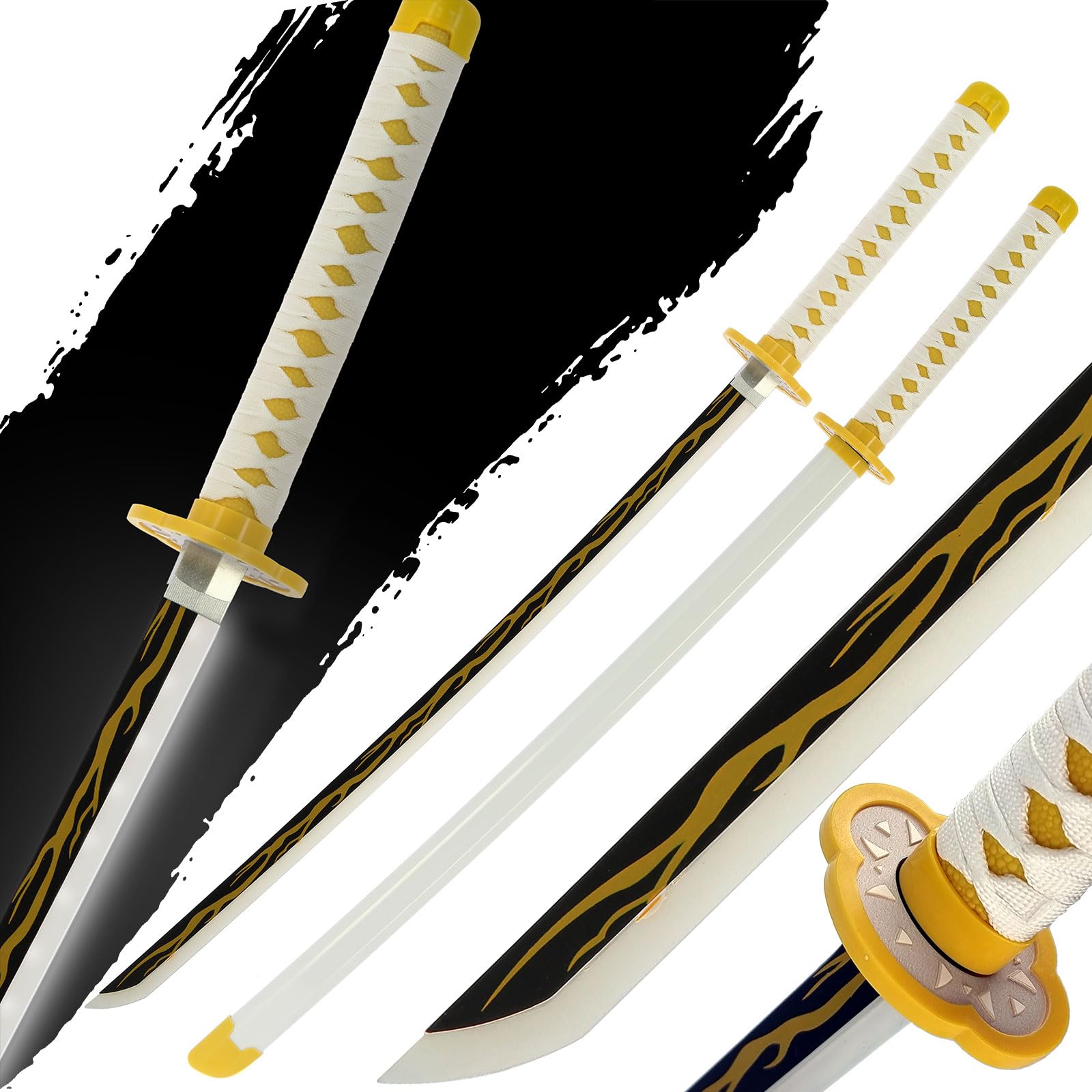 Anime Wood Bamboo Swords With LED Light-Up Blade Anime Replica Halloween Cosplay 104cm Blunt Prop (Zenizi White Yellow) โ image 1