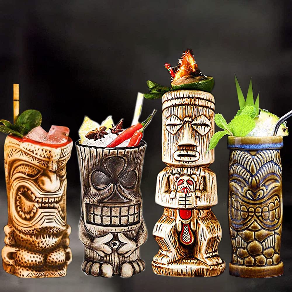 Juego De 4 Tazas Tiki De Cerámica Con Posavasos Y Popotes – Estilo Hawaiano, Perfecto Para Fiestas Y Cócteles Tropicales