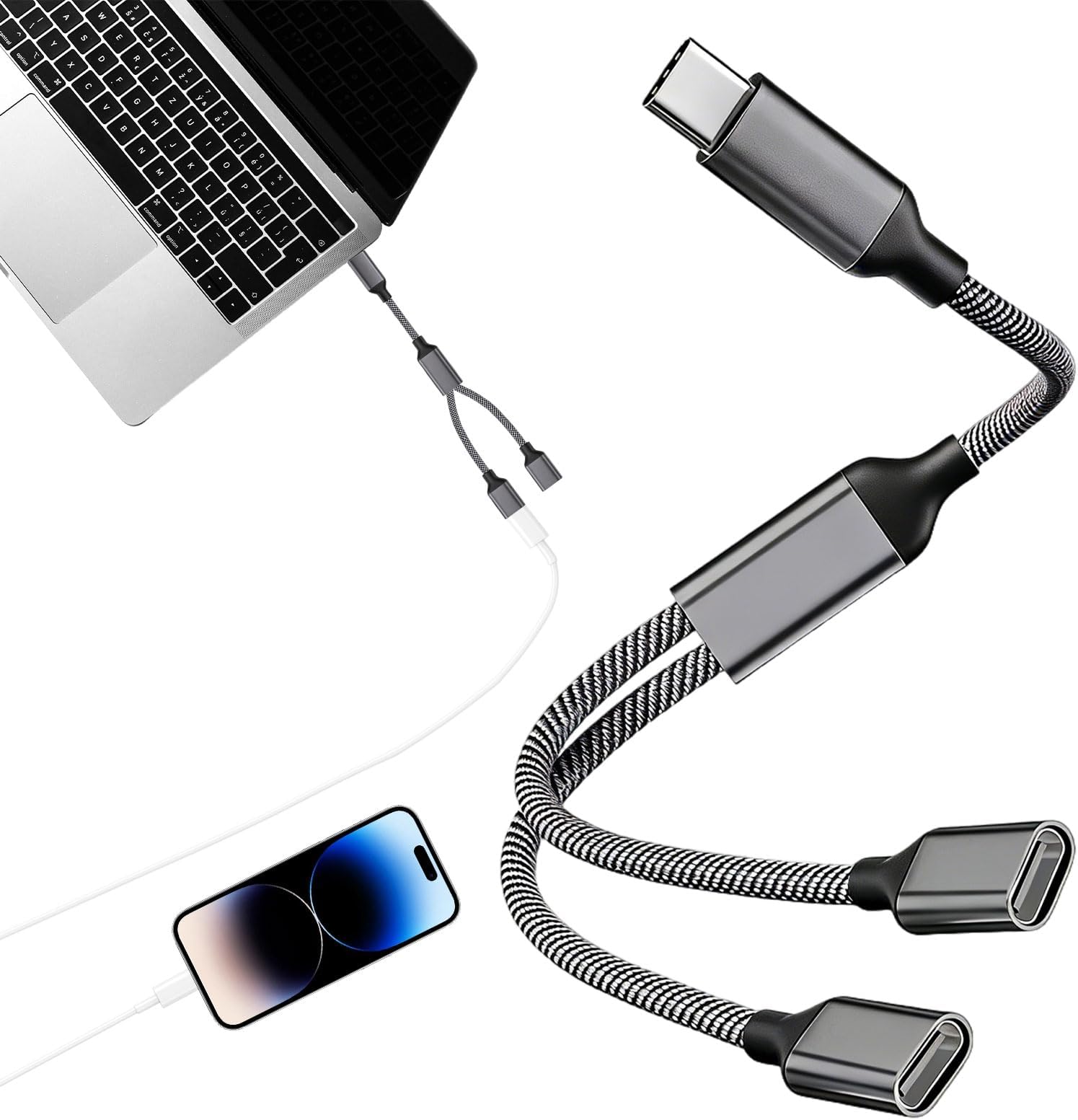 2 In 1 Type C Male to Dual USB C Female Adapter,USB C Splitter 2 Port,USB Double Adapter Headphone and Transmission Splitter with Laptop Mac,Sam-sung,iPad Pro,i-Phone 15 Series,More Type C Devices