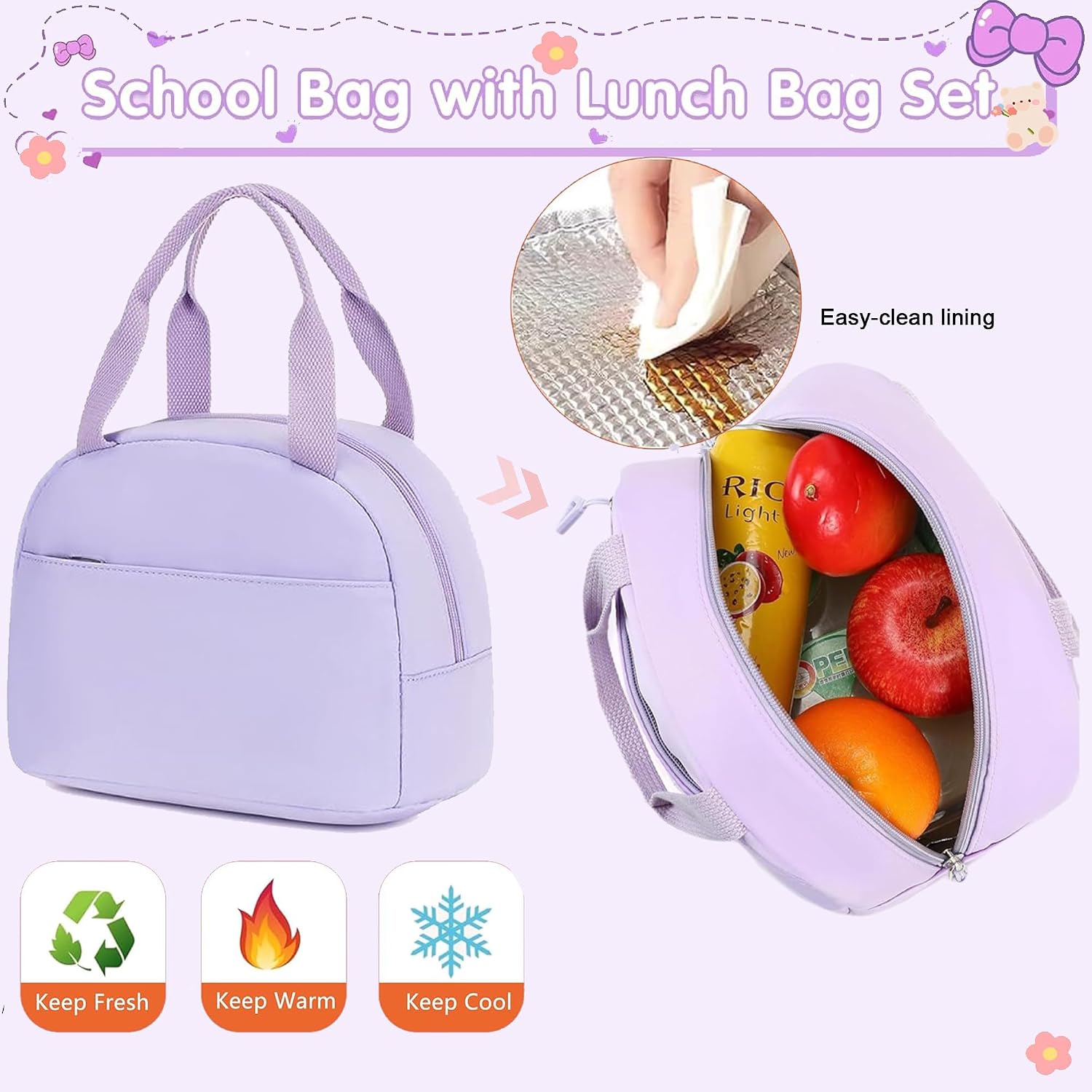 School Bag for Teens Girls,Girls Backpack Set,3 PCS Kids Backpack for Women,15.6 Inch Laptop Middle High School College Student Casual Travel Daypack with Lunch Box Pencil Pouch Set(Purple) image 4