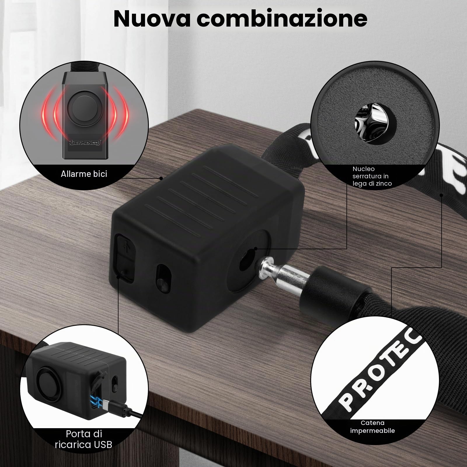 Bicicletta catena serratura cintura allarme - 110dB scooter allarme antifurto, 120cm lunghezza 8mm spessore catena antifurto con 3 chiavi, impermeabile, per biciclette, scooter, motociclette