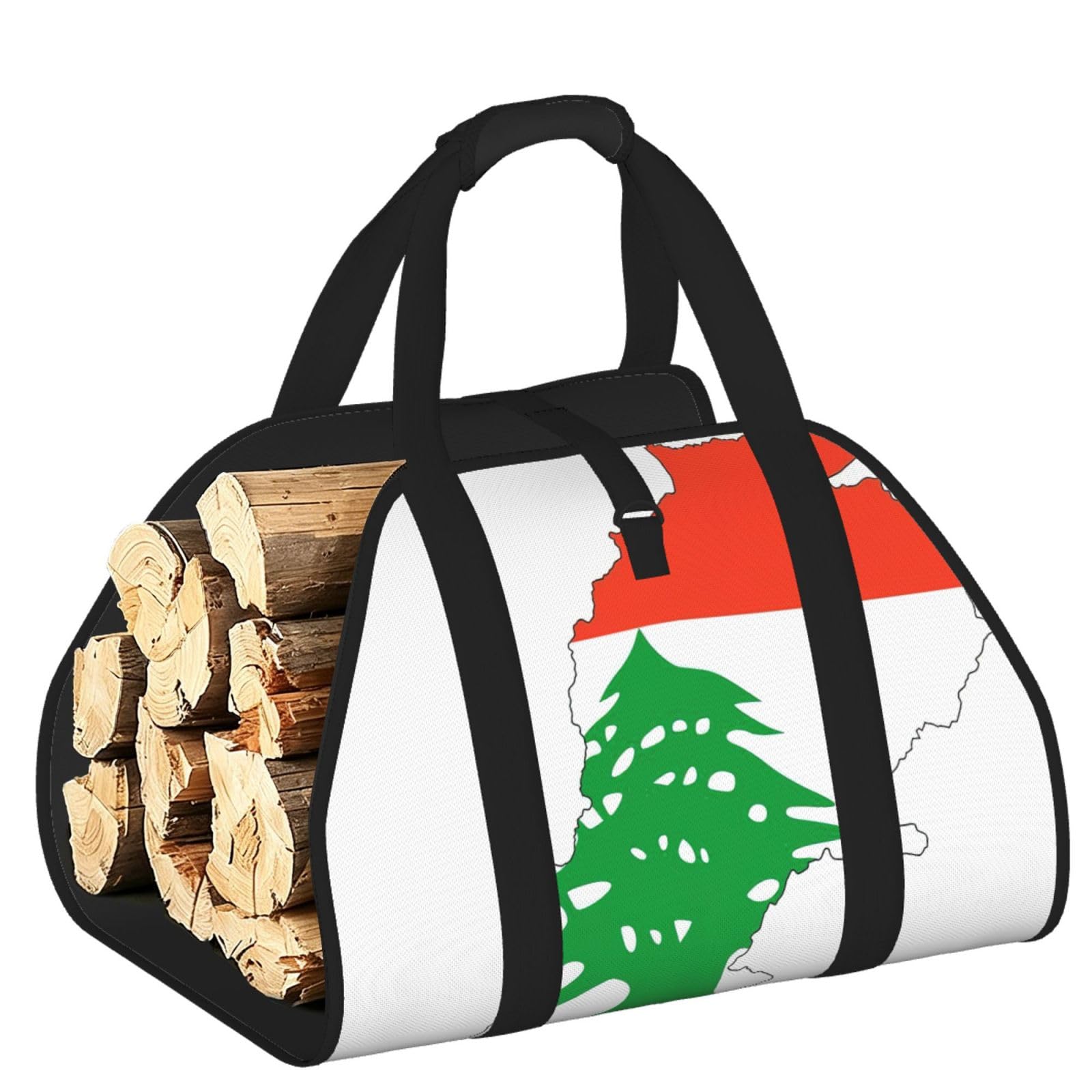 Lebanon Flag Map Printed Firewood Log Carrier, Large Tote Bag with Reinforced Handles for Camping Fireplace Home