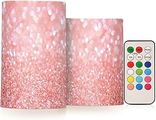 SUABO Rose Gold Glitter Flameless Candles, Flickering LED Candles Battery Operated Color Changing with Remote Timer for Party Wedding Decoration (Without Battery)
