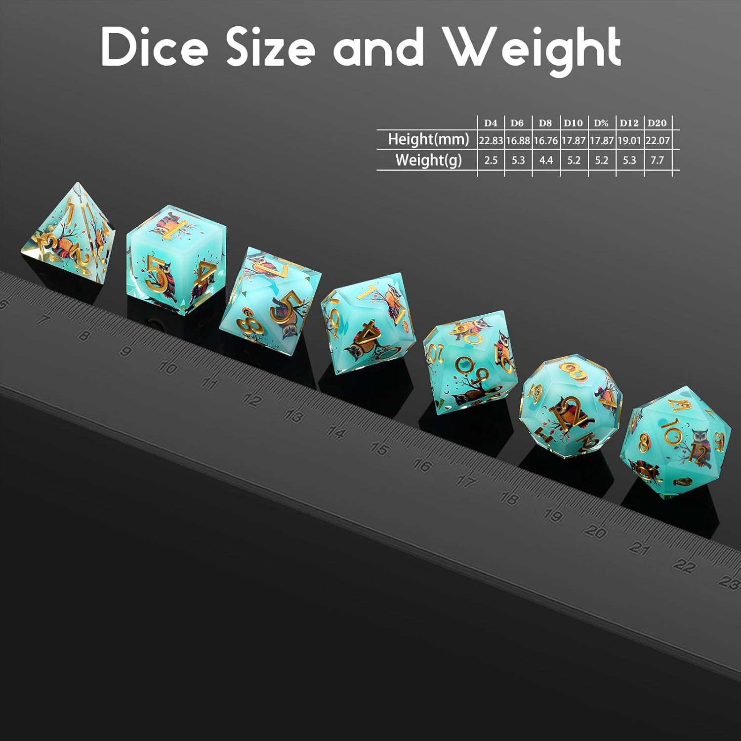 DNDND Owl Aqua Blue Translucent Resin Dice Set - 7-Piece Sharp Edge RPG Dice for D&D with Stickers, Handcrafted Premium Metal Case Gift