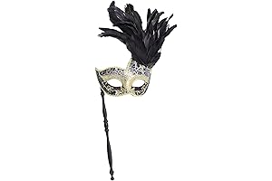 Masquerade Mask on a Stick, Costume Mask Feather Masquerade Mask Halloween Mardi...