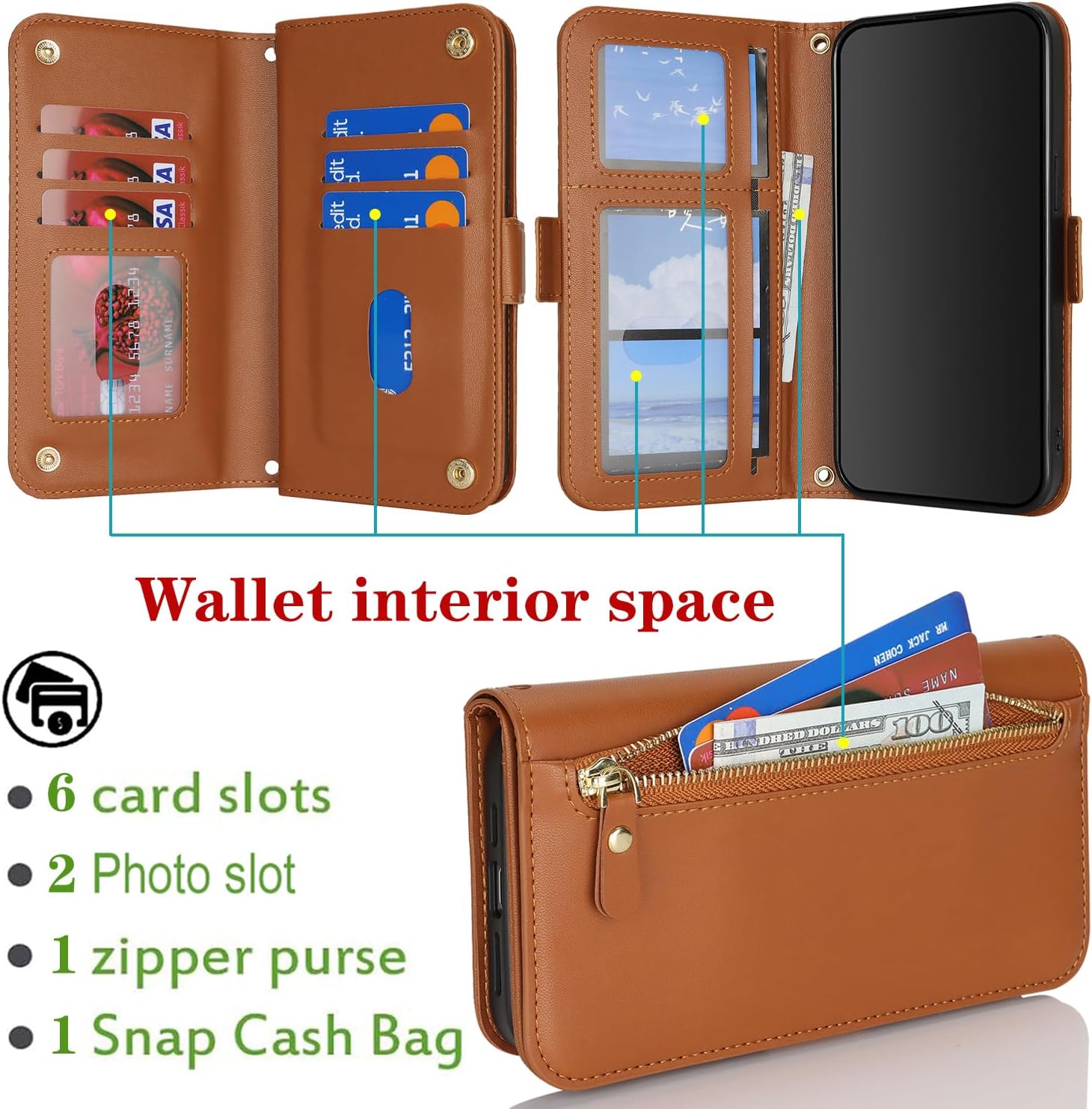 for iPhone 15 Pro Wallet Case for Women,for iPhone 15 Pro Case with Strap Crossbody Lanyard,PU Leather Shockproof Card Holder Stand Zipper Pocket Flip Phone Case-Brown