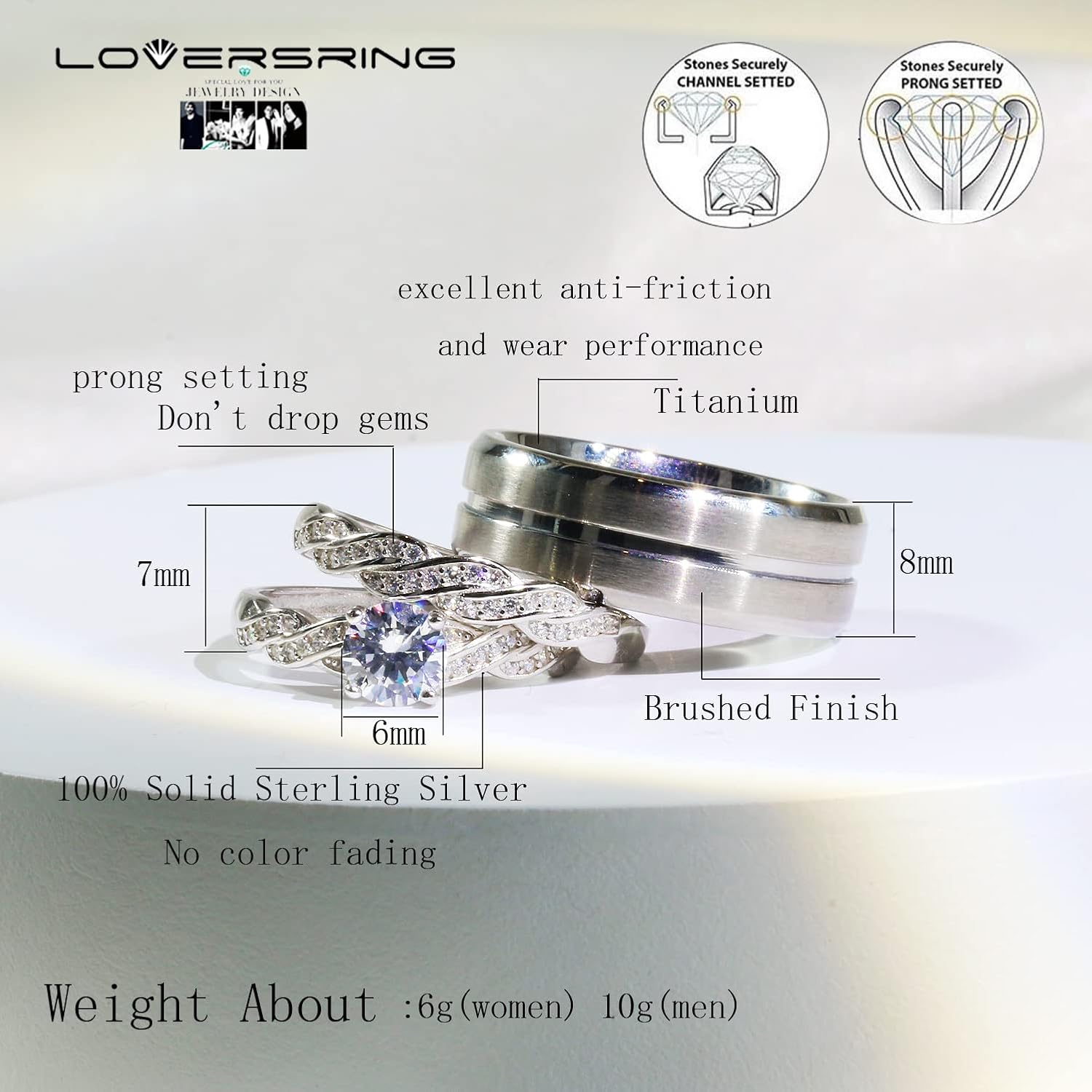 LOVERSRING Couple Ring Bridal Set His Hers White Gold Plated CZ Stainless Steel Wedding Ring Band Set