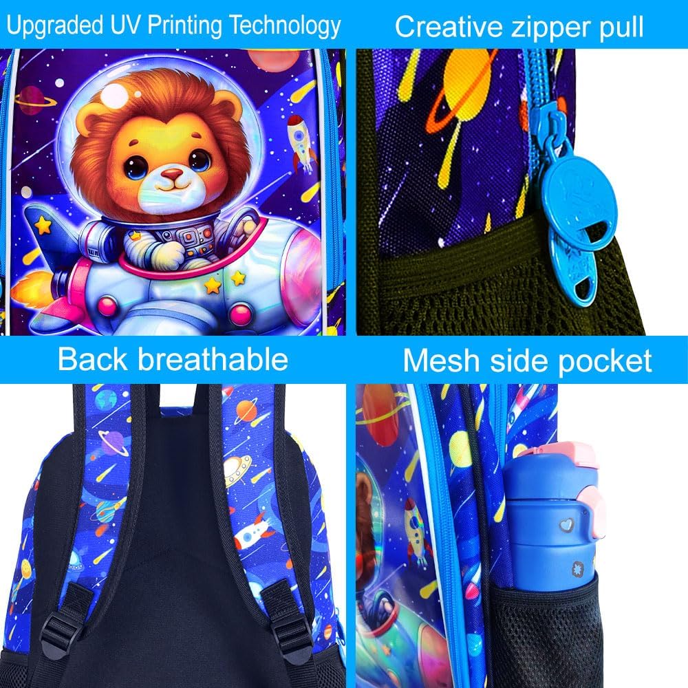KLFVB 3PCS Boys Lion Bookbag, Water Resistant Kids Space Backpack with Lunch Box, 16" Preschool Backpacks for Elementary - Rocket Lion - Image 5