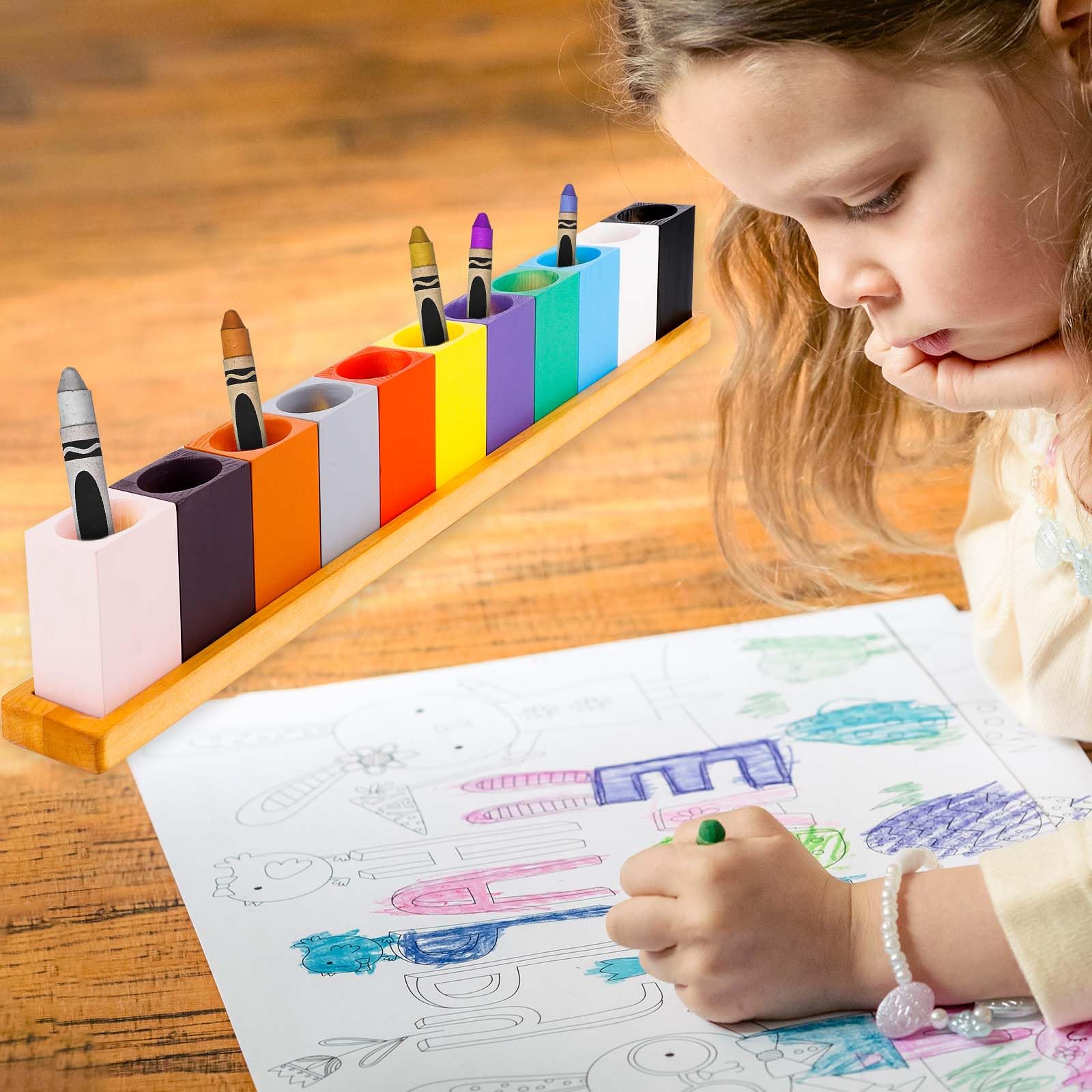 Houten Kleurpotlodenhouder, Montessori Krijtjes Organizer met 11 Verplaatsbare Vakken Pennenhouder Creatieve Markeeropslag Organizer voor Kinderen Bureau Kantoor Thuis School