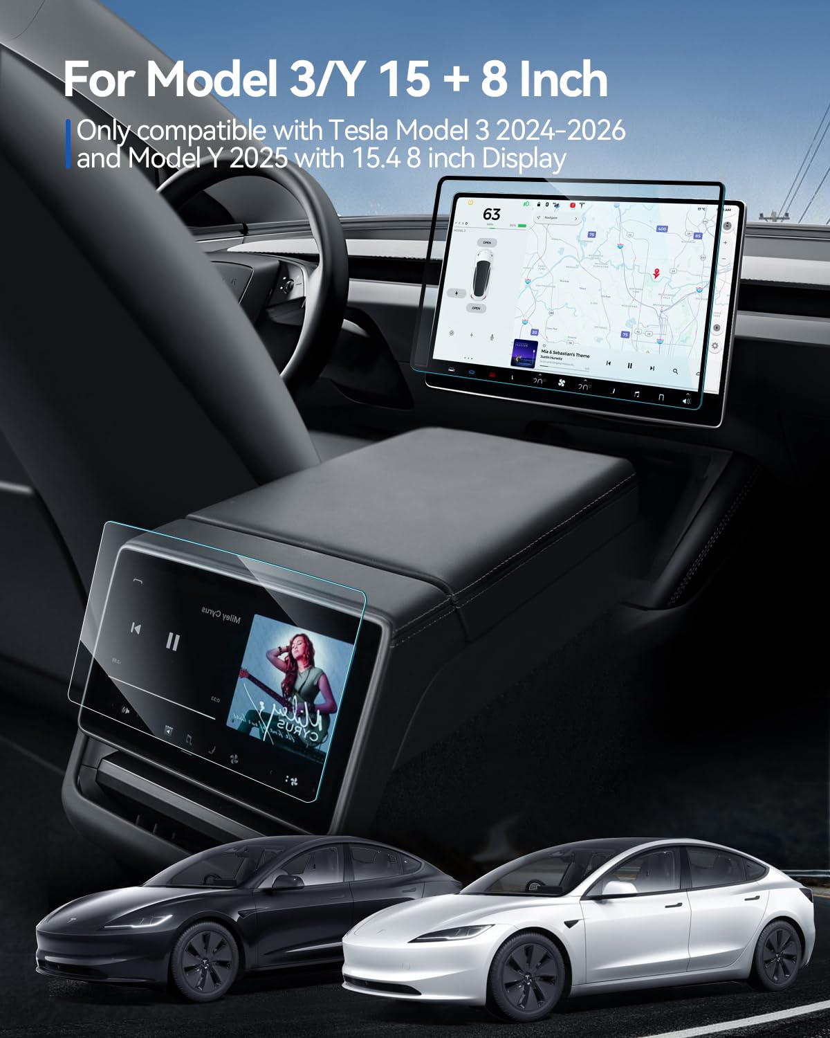 2 Pcs Schutzfolie für Tesla Model 3 2024-2026 und Model Y 2025, 15.4" und 8" Hinten Display 9H Gehärtes Glas Displayschutz, Blendfrei Anti-Fingerabdruck Displayfolie Tesla Zubehör