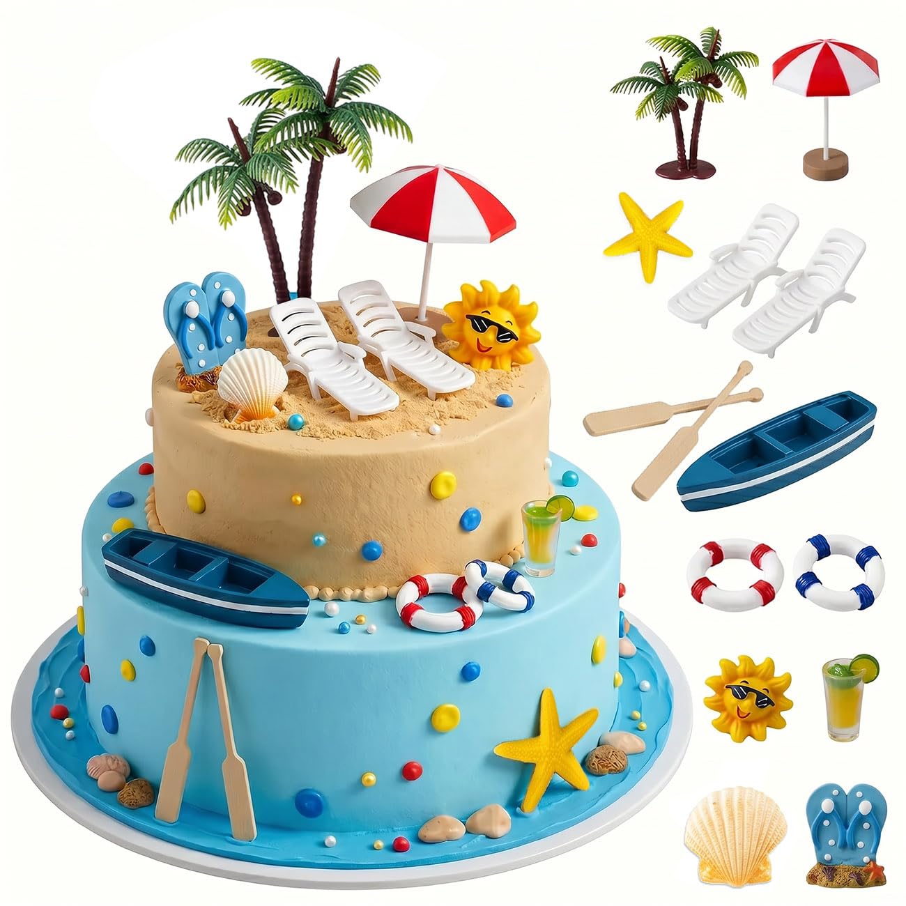 Hellon Summer Beach Cake Decorations, 12 Pieces Chair Umbrella Palm Tree Summer Ocean Cake Toppers, Tropical Hawaiian Aloha Luau Theme Decorations for Birthday Baby Shower Wedding Pool Party Decoratio