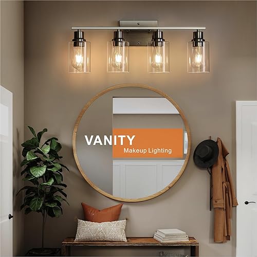Miniatura 4 de Luces de tocador de níquel cepillado para baño, 4 luces de baño sobre espejo, apliques de pared modernos de granja con vidrio transparente para sala