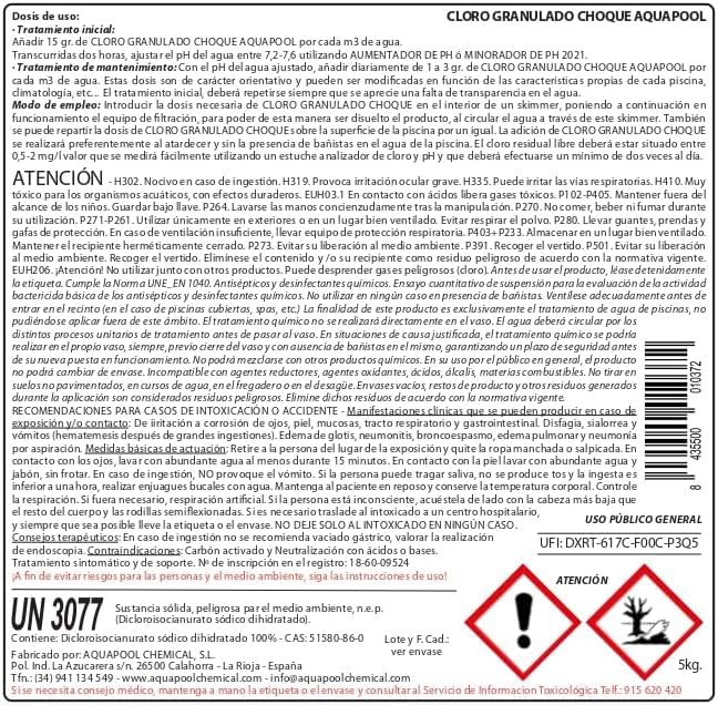 Ion Pure Cloro Choque Accion Rapida, recuperador Agua Piscina deteriorada, Alta solubilidad, granulado 5 kg