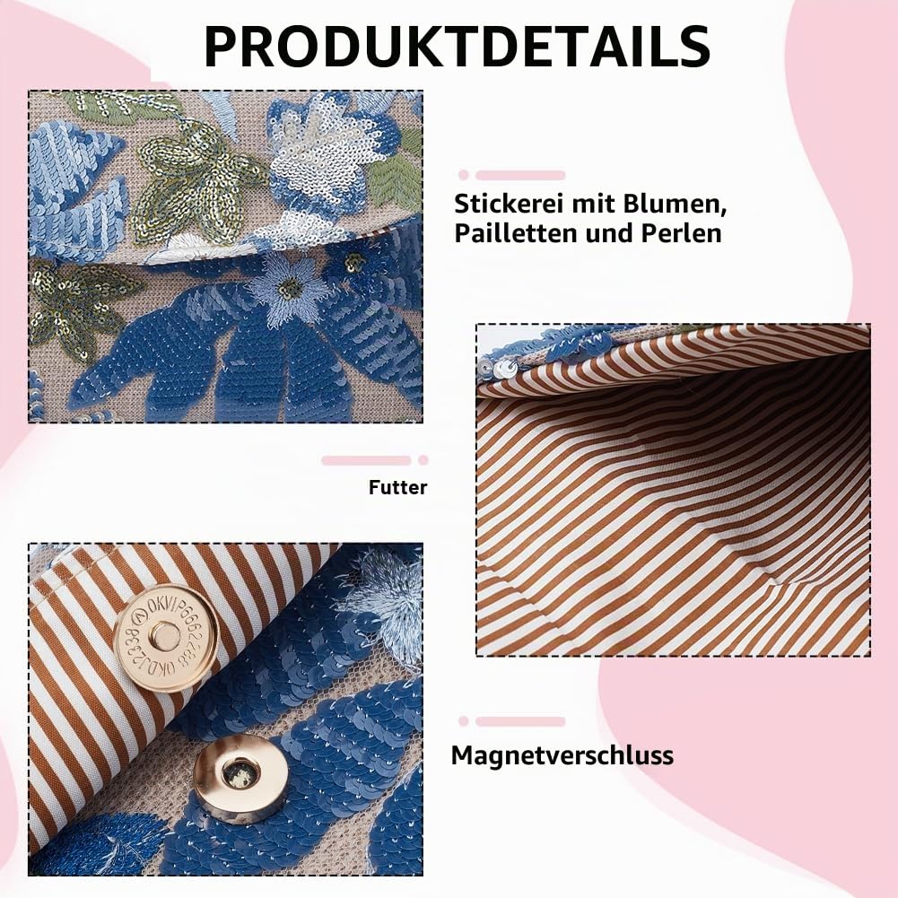 FREEBLOSS Clutch Geldbörse Für Damen Bestickte Florale Abendclutch Für Hochzeitsfeiern Bestickte Pailletten Perlen Umhängetasche Mit Goldener Kette (Musterposition Nicht Fixiert)