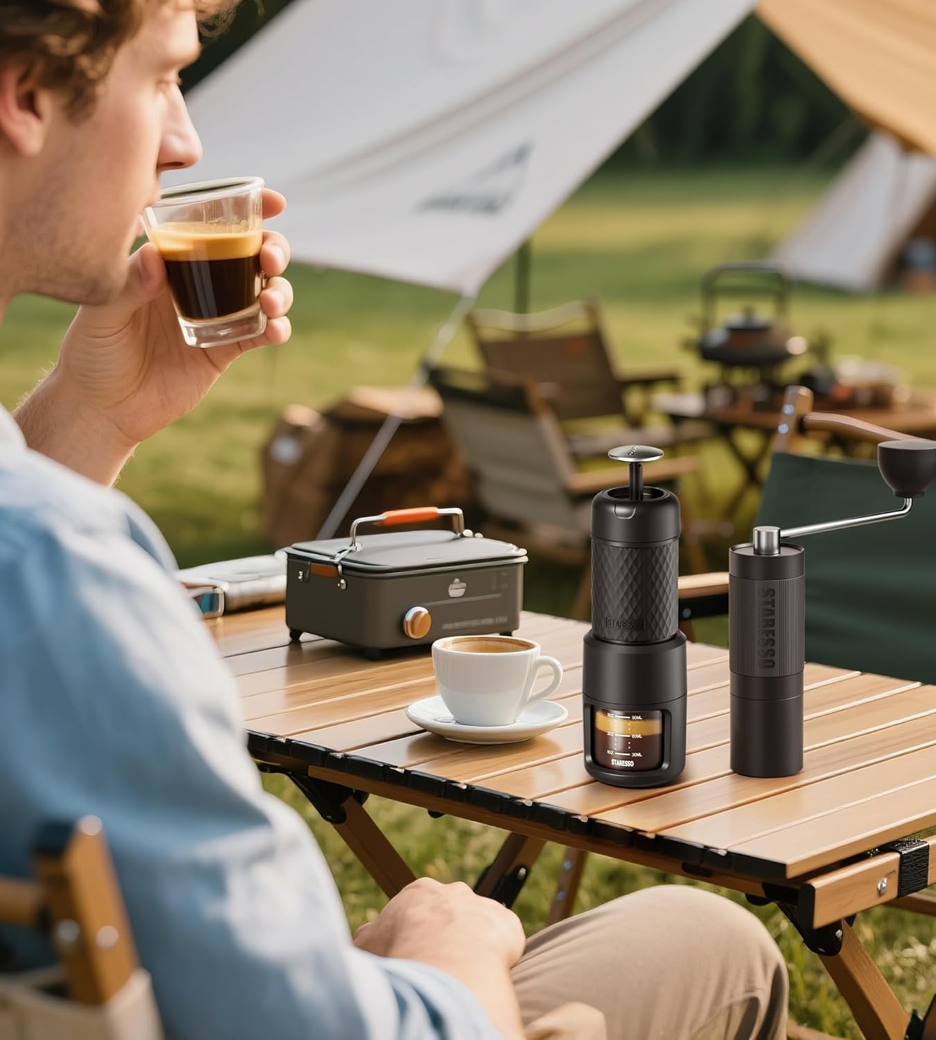 STARESSO 2026 Travel Kit, Portable Espresso Maker & Grinder Set, Dual Use for Ground Coffee & Pods, No Power Needed, Travel Case for Camping Hiking