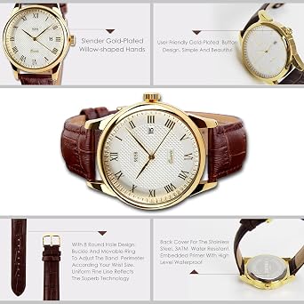 Mens Watches Analog Quartz Watch Leather Band Roman Numeral Waterproof Fashion Business Casual Wrist Watches for Men
