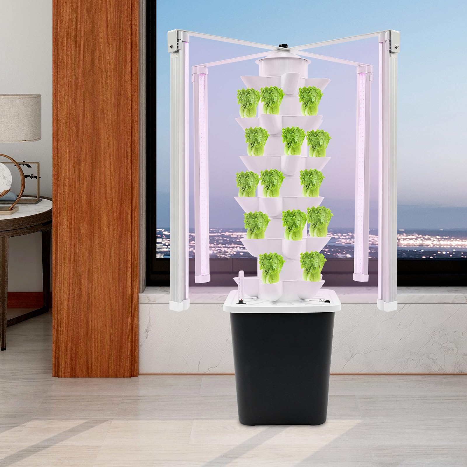 Wieża hydroponiczna z oświetleniem LED, 6-poziomowa pionowa wieża rolnicza z 30 otworami na rośliny, automatyczny system Smart Garden do ogrodu ziołowego, warzyw i sałatek