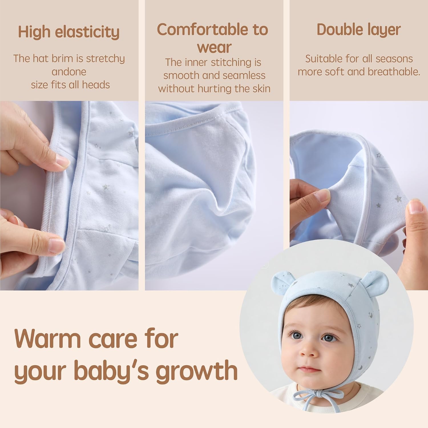 3 Pack Baby Beanie hat with Ear Flaps for Unisex Newborn Infant Toddler Baby Girls Boys 0-24 Months Cotton Soft