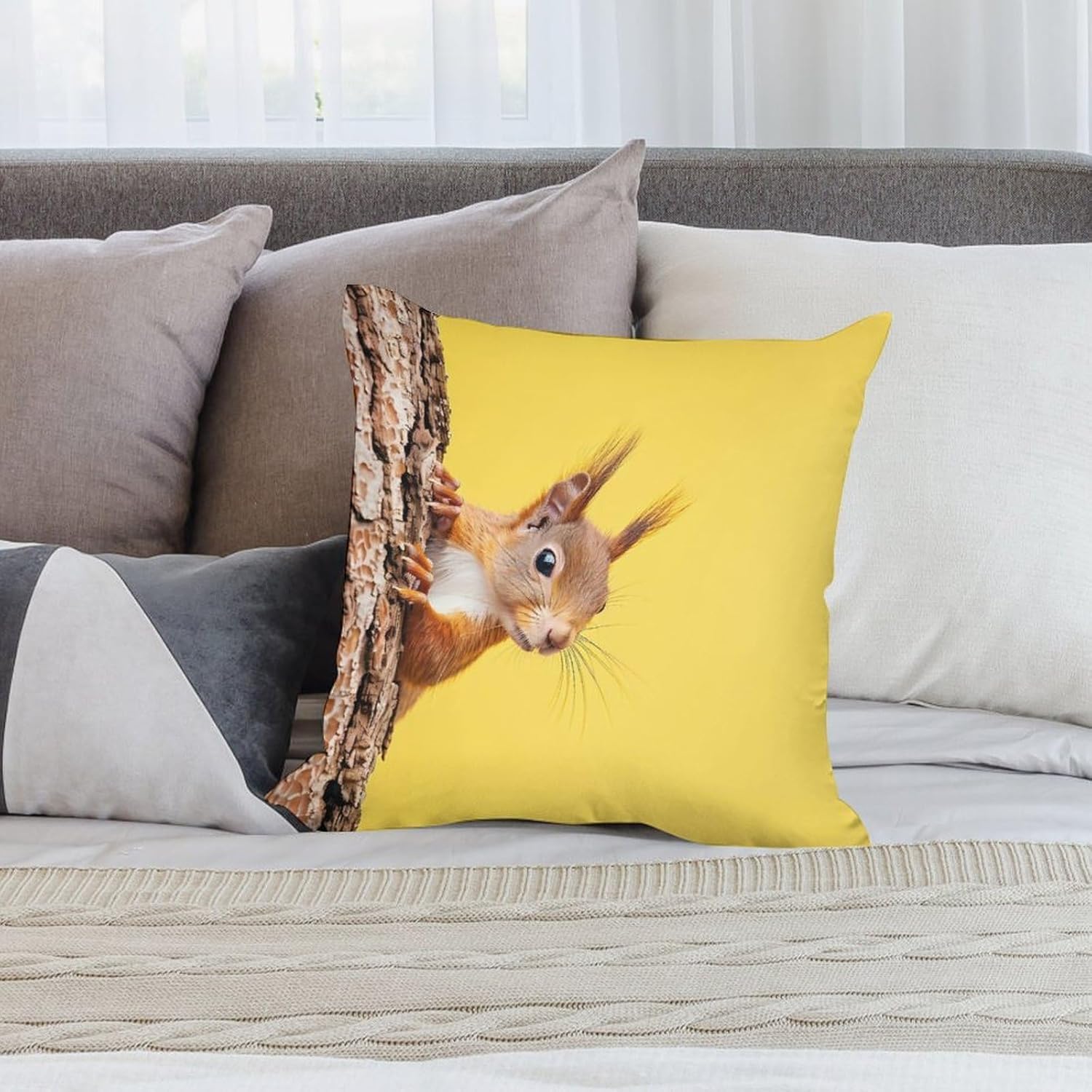 Cute Red Squirrel Peeking from Tree Printed Throw Pillow Case 4 Pcs Soft Pillowcases Pillows Covers Sofa Bed Decor 12/14/16/17/18/20/22/24/32 Inches
