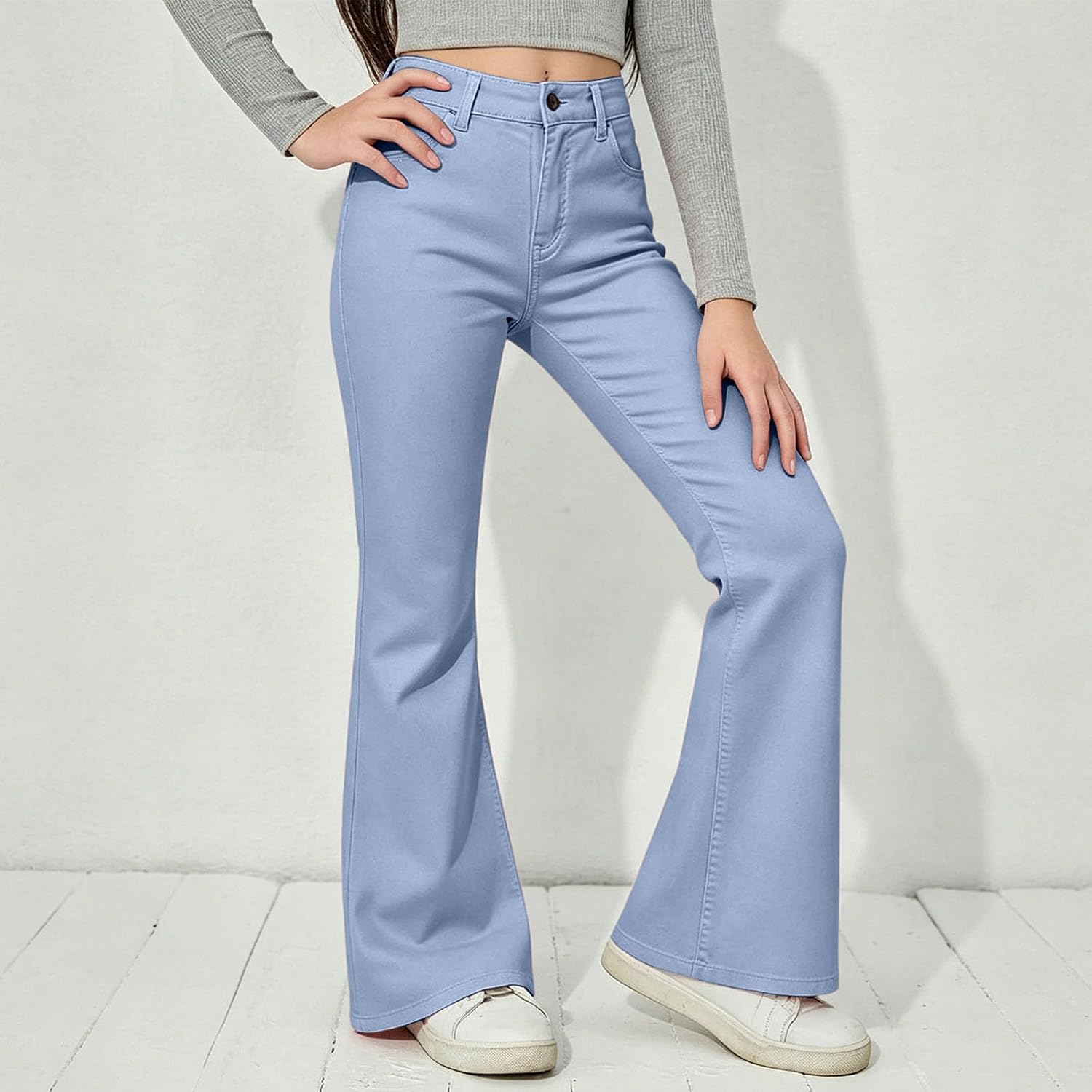 School Uniform Pants for Girls High Waist Flare Leg Dress Bell Bottoms | Girls Flare Leggings Kids School Uniform Bell Bottoms Stretch High Waist Chino Dress Pants for Teen Size 5-16 Years