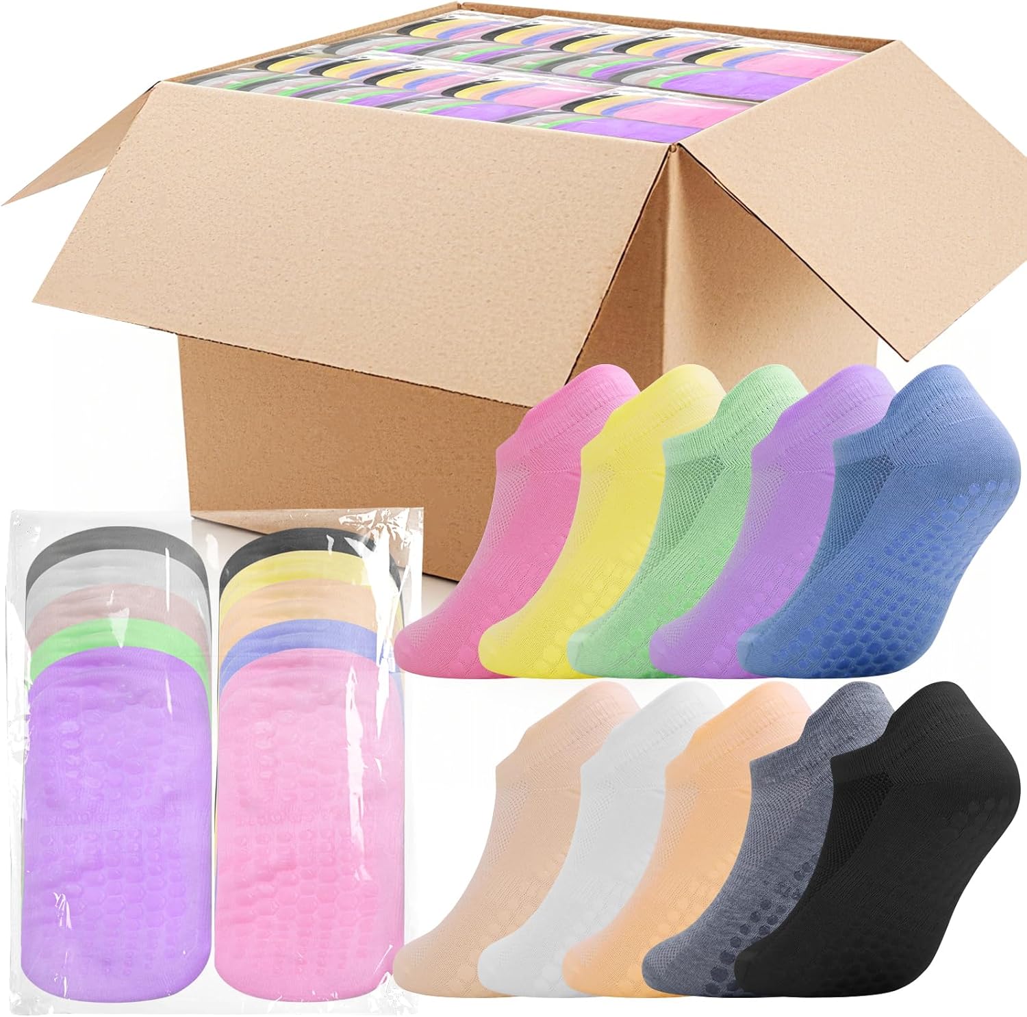 Sophproton 200 Pairs Non-Slip Yoga Socks Ballet Pilates Grip Socks for Women Dance Socks with Toe Grips Breathable Bulk Pack for Studio, Gym, Barre Workout