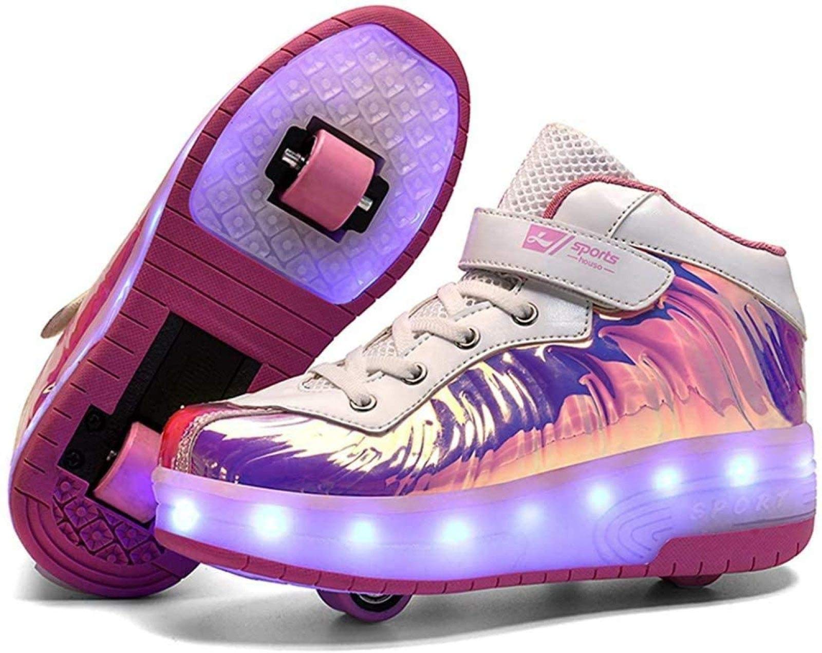 Zapatillas De Skate LED con Ruedas Dobles Zapatillas De Skate Zapatillas con Ruedas LED Niños Niños Niñas Gimnasia Al Aire Libre Zapatillas De Moda Técnica,Pink1-33 EU