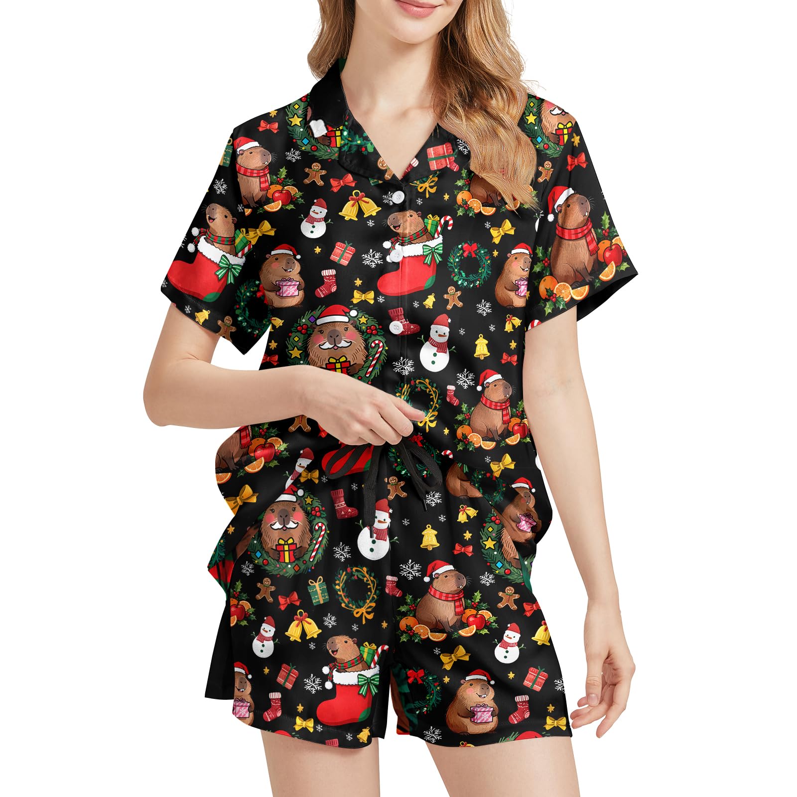 Funny Pajamas for Women Set Print Satin Loungewear Pjs Short Sleeve Button Down Top and Shorts Sets Sleepwear XS-3XL
