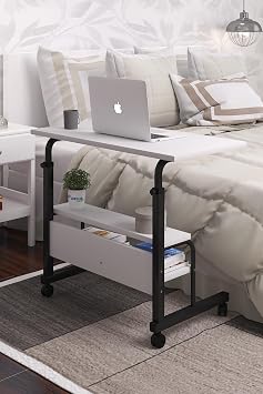 80x40 Height Adjustable Shelf Locking Wheel Portable Laptop Stand and Desk White