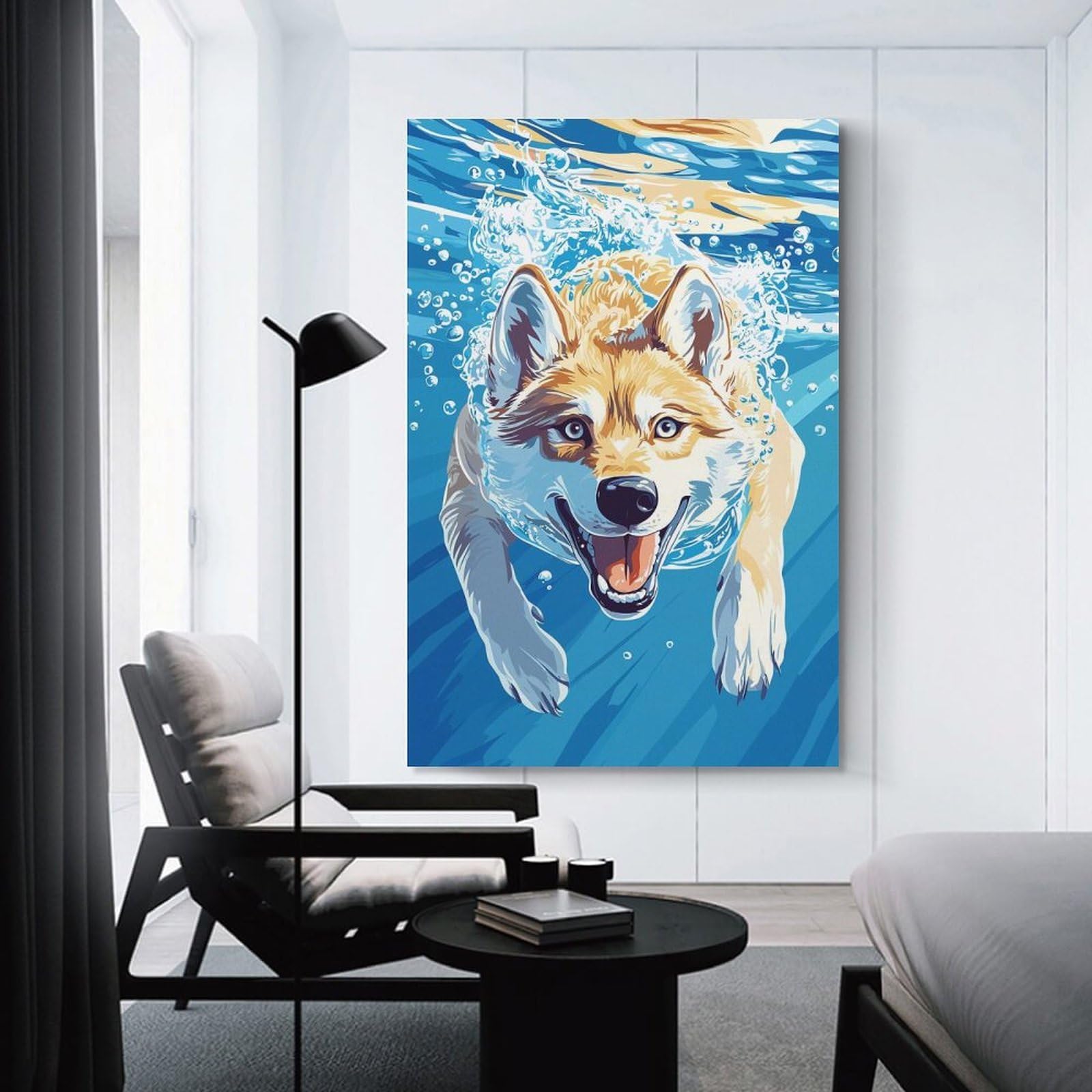 Junmoney Unframe-Style-5 Wall Picture Print Dog Swimming Underwater Illustration, 08X12inch(20X30cm), For Entrance Walls, Hall Decor Or Foyers, Home Artwork For First Impressions