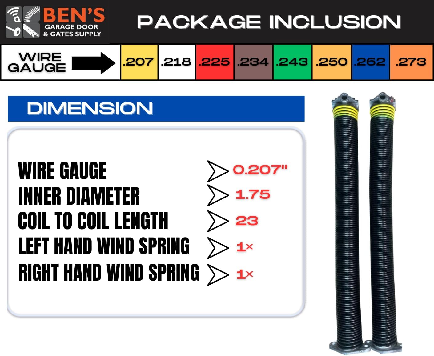 Torsion Garage Door Springs 207 x 1.75" x 23" (Left and Right Wound) (Pair)