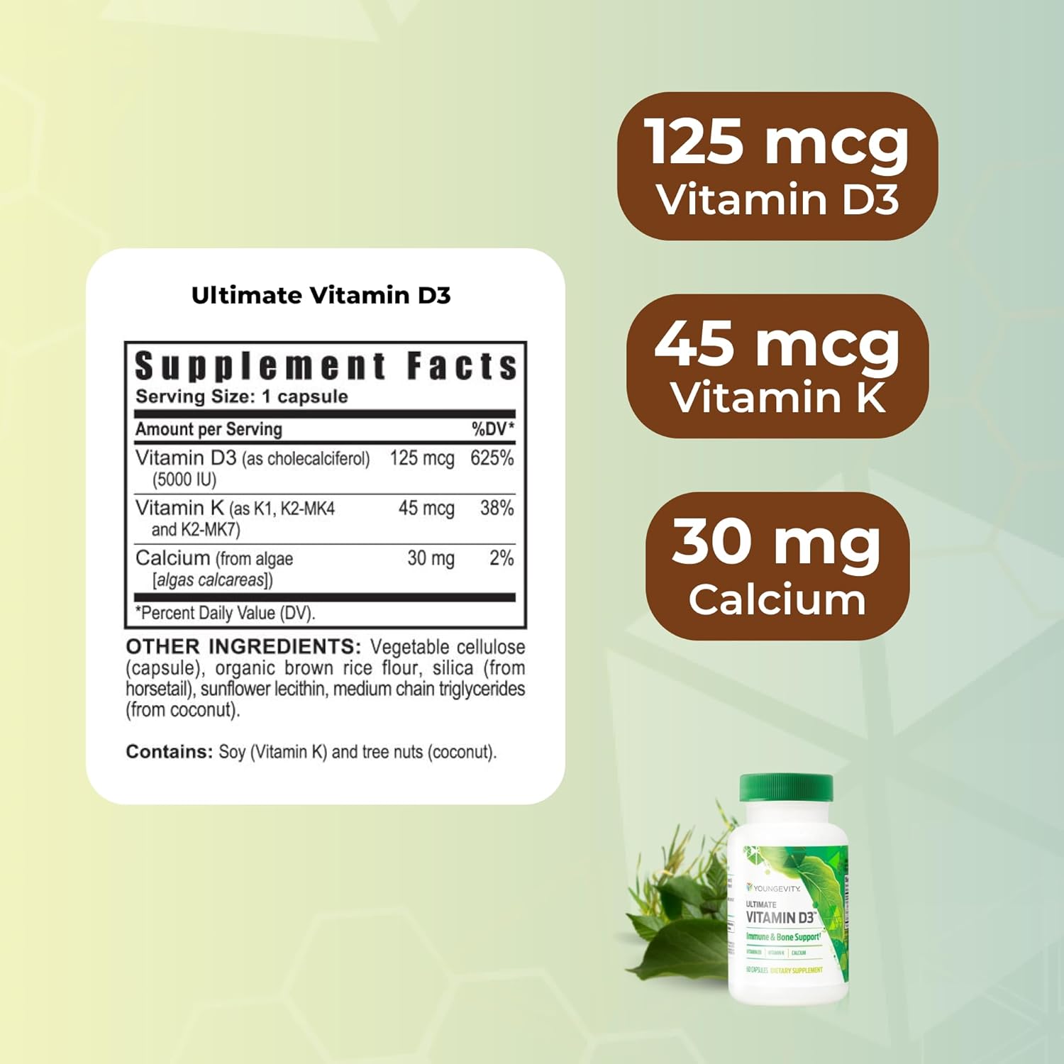 Youngevity Ultimate Vitamin D3 5000 IU with K2 – High-Potency Vitamin D3, Vitamin K2, and Calcium Supplement for Immune Support, Bone Density, and Heart Health – 60 Capsules