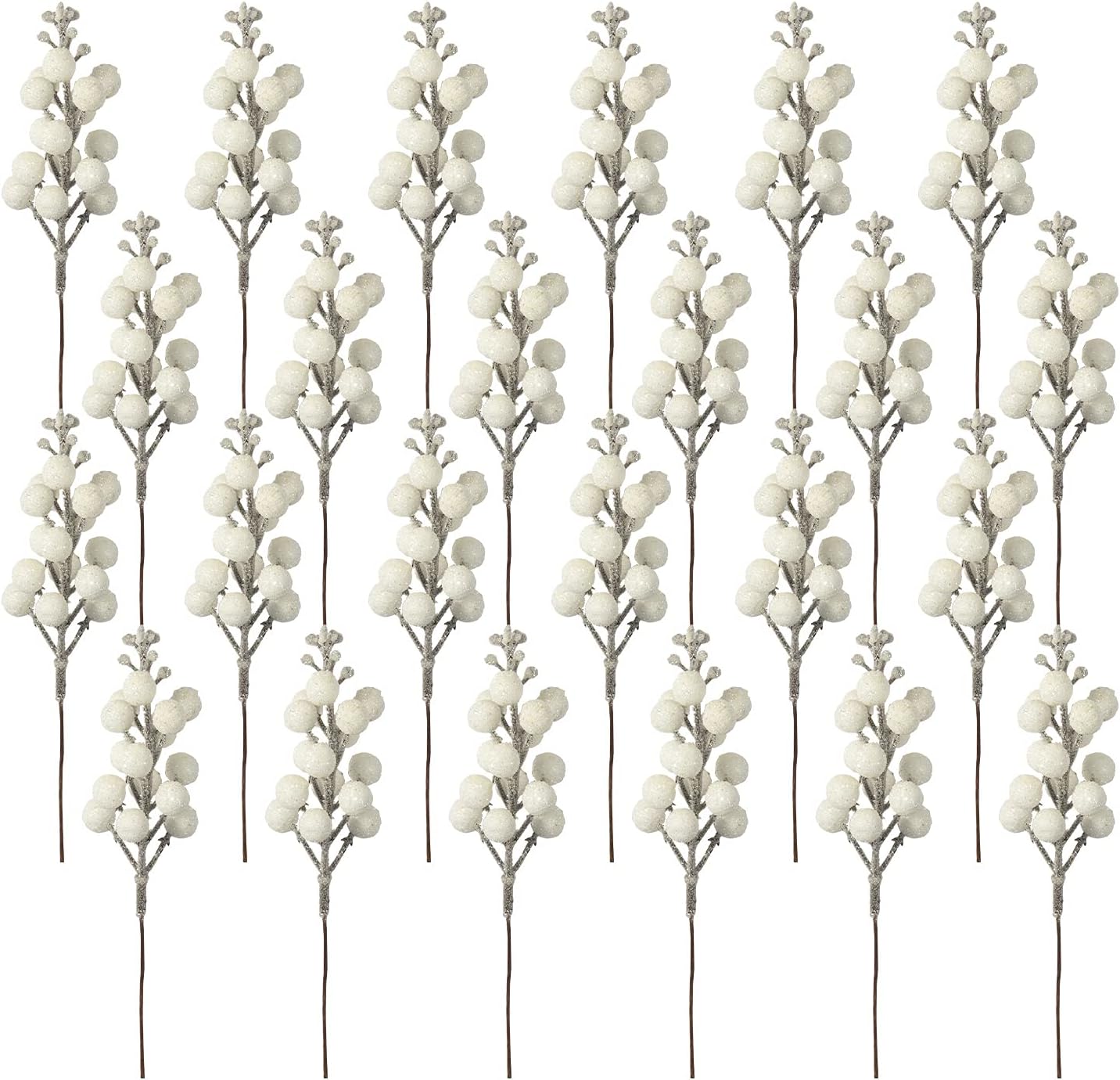 Crafare 24 Pack 7.5Inch Christmas Glitter Berries Stems Artificial Christmas Picks for Christmas Tree Ornaments, DIY Xmas Wreath, Crafts, Holiday and Home Decor, White