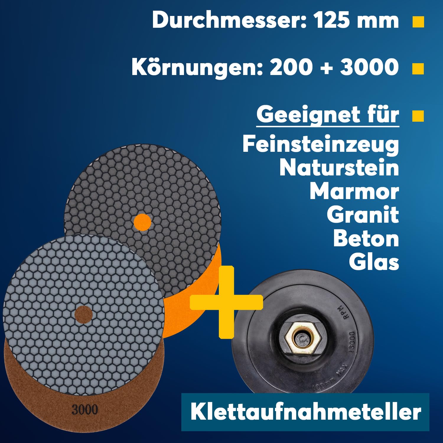 Profesjonalny zestaw diamentowych podkładek szlifierskich EDW, Ø 125 mm, ziarnistość 200 + 3000, talerze na rzep, do kamienia naturalnego, granitu, gresu, płytek, ceramiki, kamienia sztucznego, szkła,