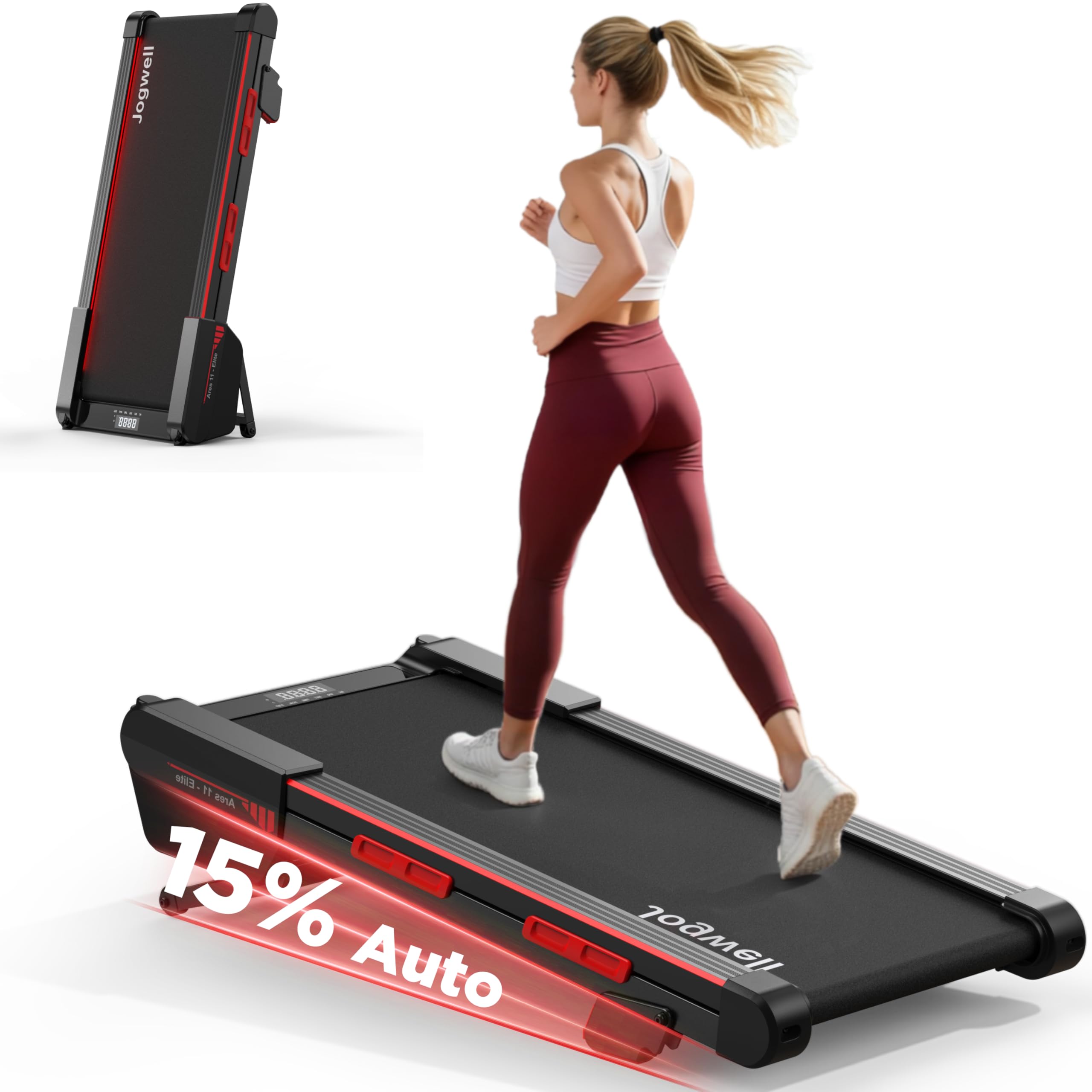 jogwell walking pad treadmill with 20%/15%/12% auto incline, max 400/350lbs capacity treadmills for home office under 35db, spacious running belt, vertical storage, 3/3.5hp brushless motor, smart app