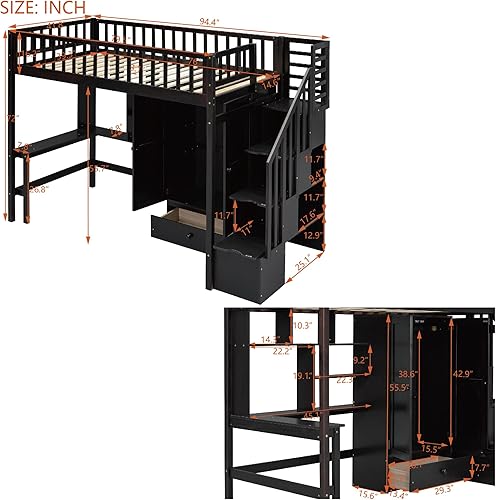 Miniatura 2 de Cama tipo loft de tamaño individual con estanteríacajonesescritorioarmario marco de cama tipo loft de madera con barandillas en forma de valla y